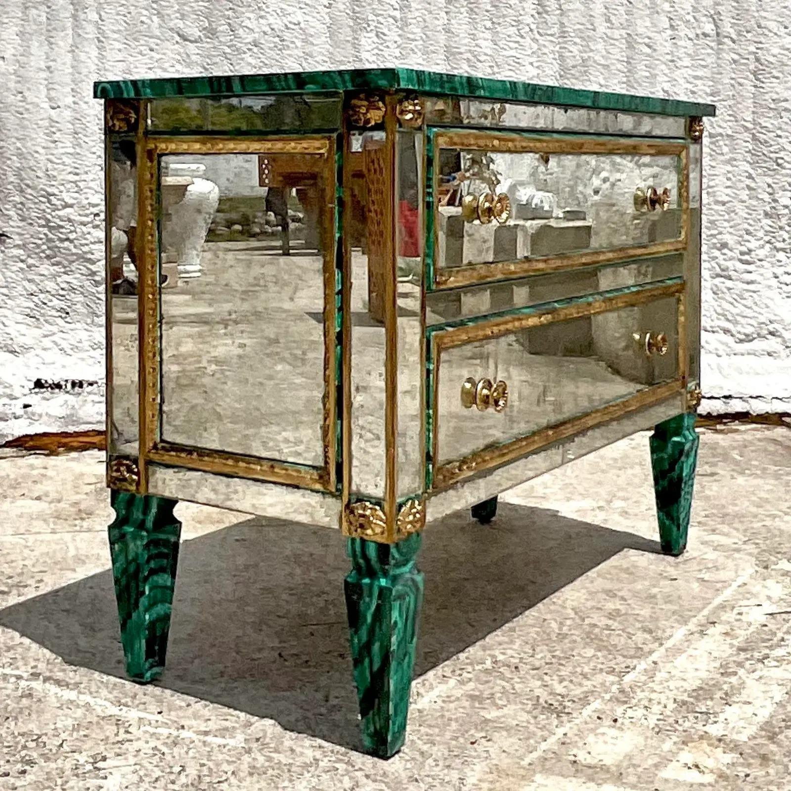 Vintage Regency Faux Finished Malachite and Mirrored Chest of Drawers For Sale 8