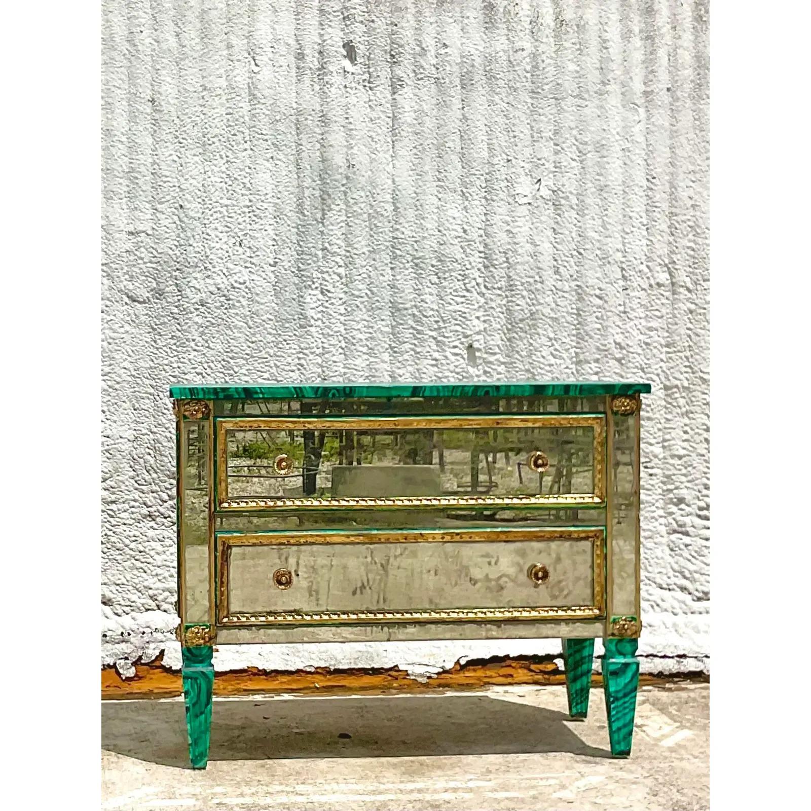 Italian Vintage Regency Faux Finished Malachite and Mirrored Chest of Drawers For Sale