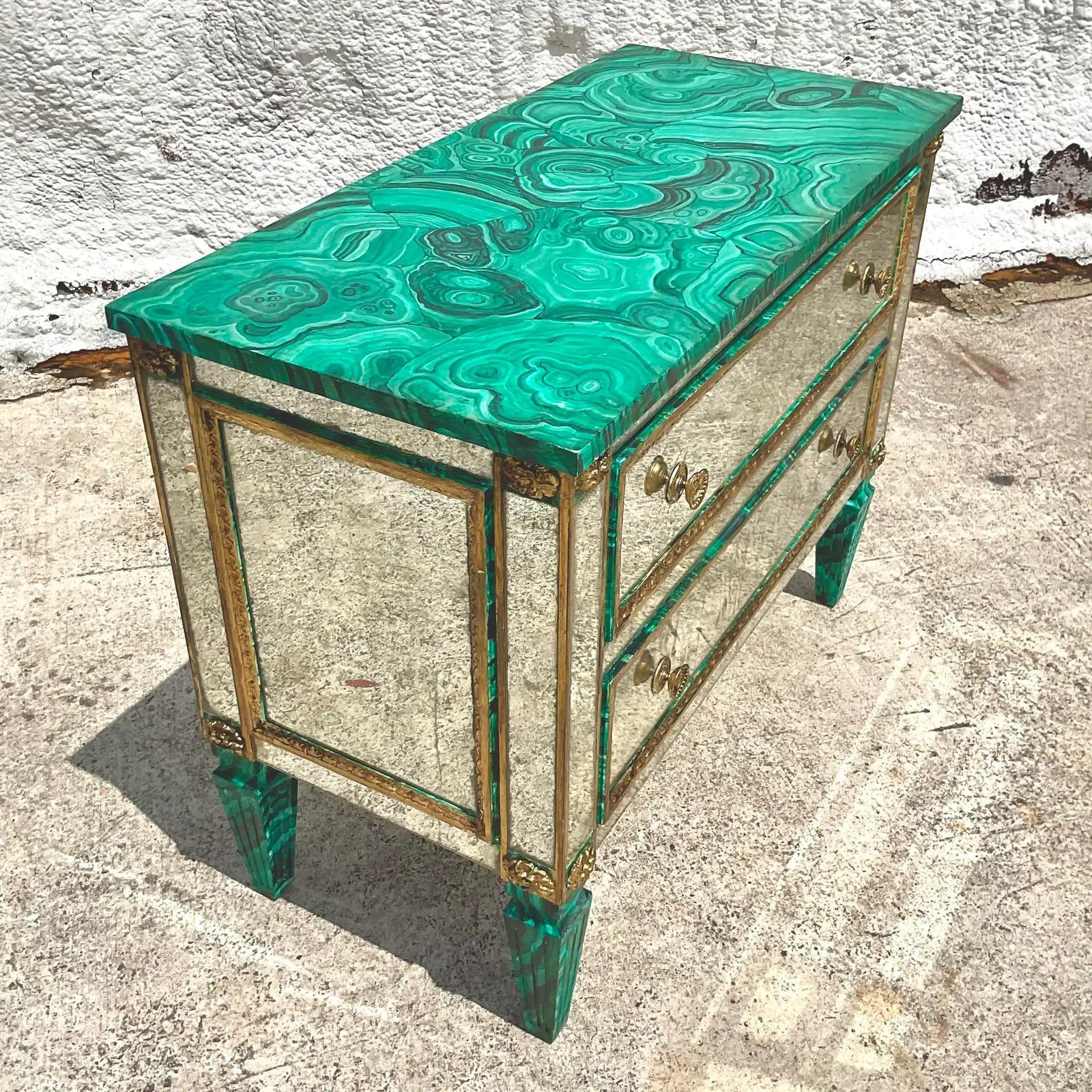 Vintage Regency Faux Finished Malachite and Mirrored Chest of Drawers In Good Condition For Sale In west palm beach, FL