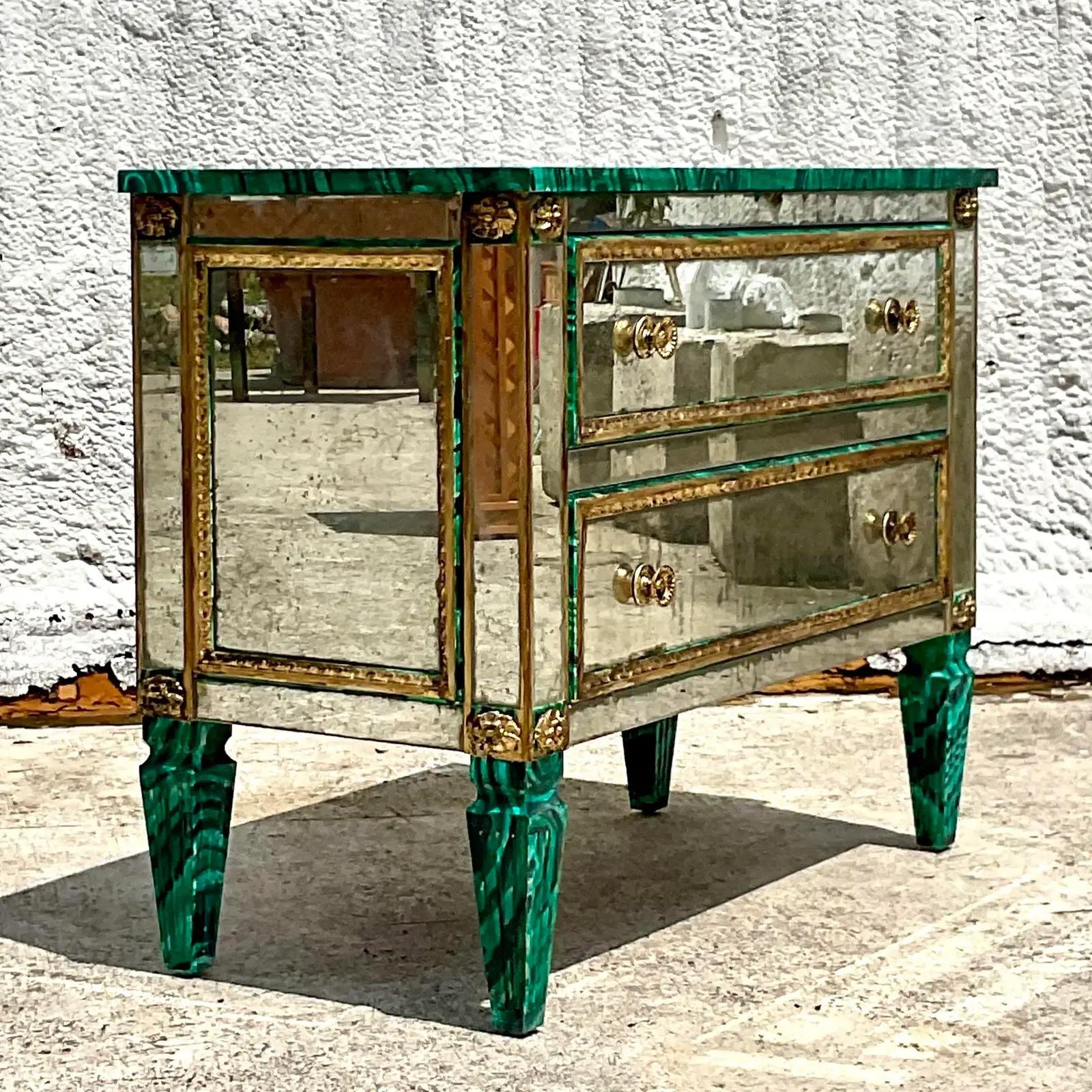 20th Century Vintage Regency Faux Finished Malachite and Mirrored Chest of Drawers For Sale