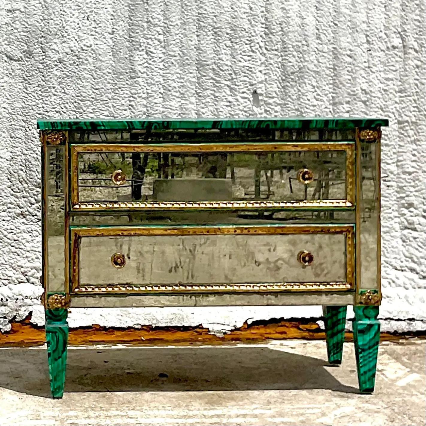 Vintage Regency Faux Finished Malachite and Mirrored Chest of Drawers For Sale 1