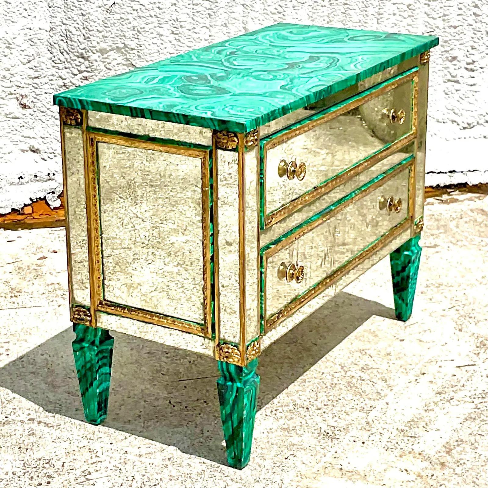 Vintage Regency Faux Finished Malachite and Mirrored Chest of Drawers For Sale 3