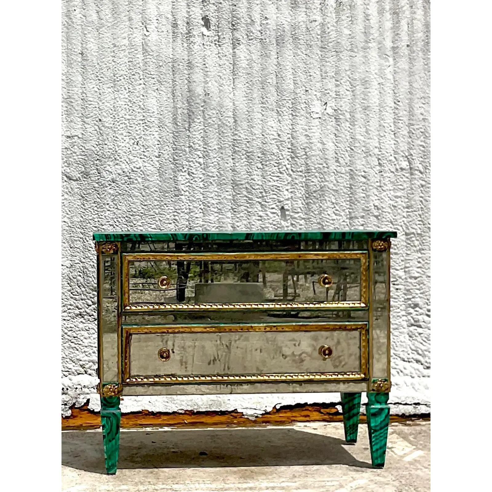Vintage Regency Faux Finished Malachite and Mirrored Chest of Drawers For Sale 4