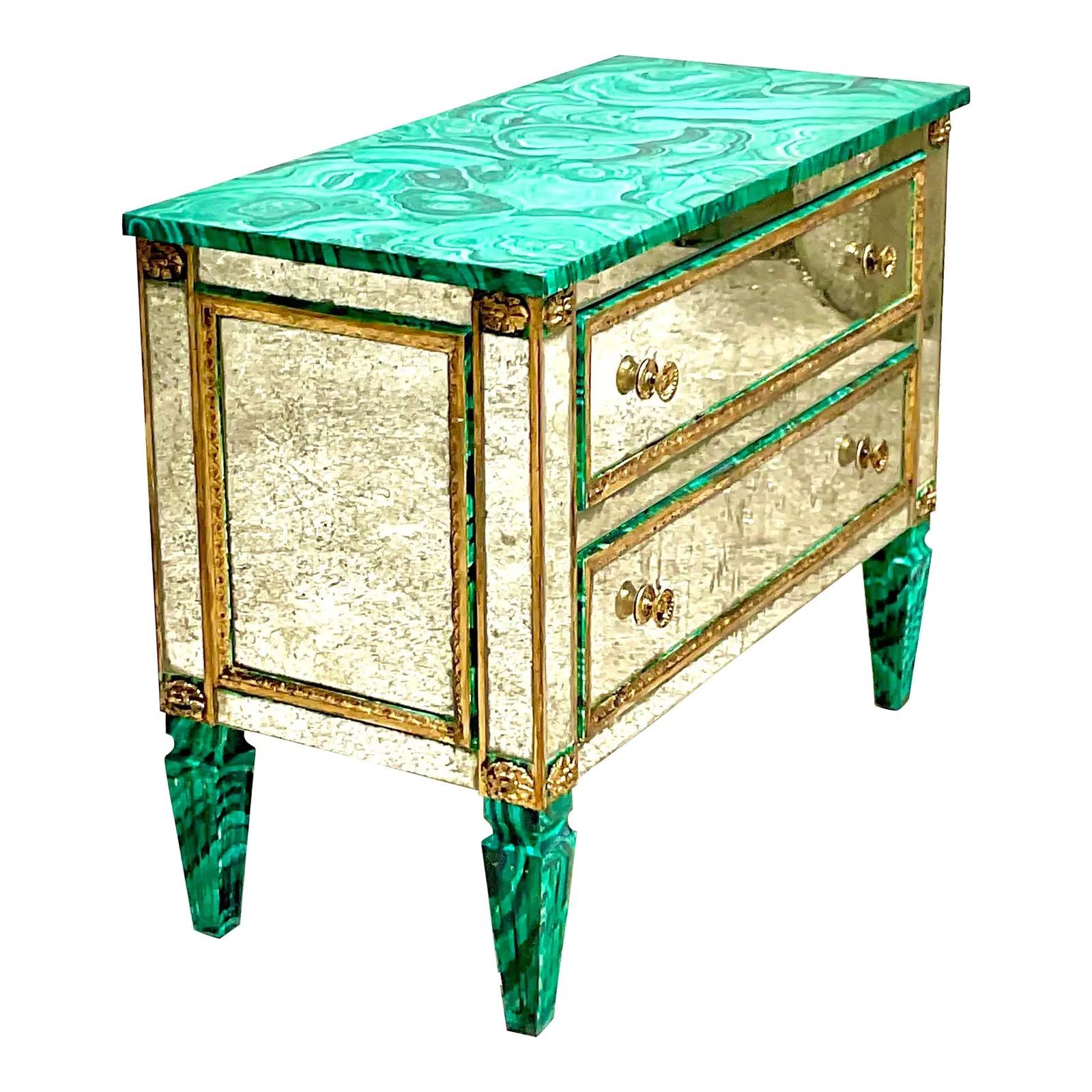 Vintage Regency Faux Finished Malachite and Mirrored Chest of Drawers For Sale