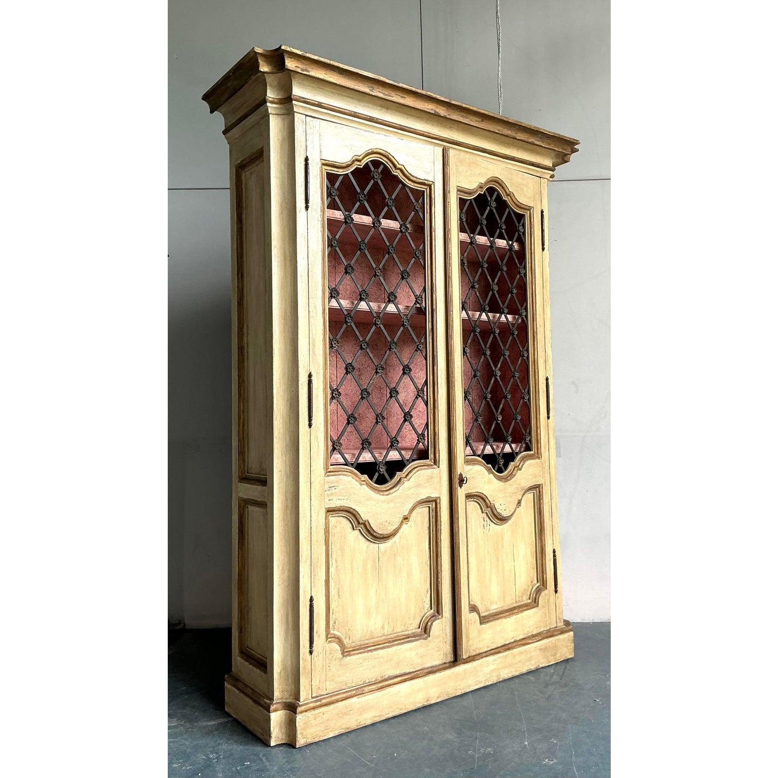 French Provincial Vintage Regency Faux Finished Trellis Armoire For Sale