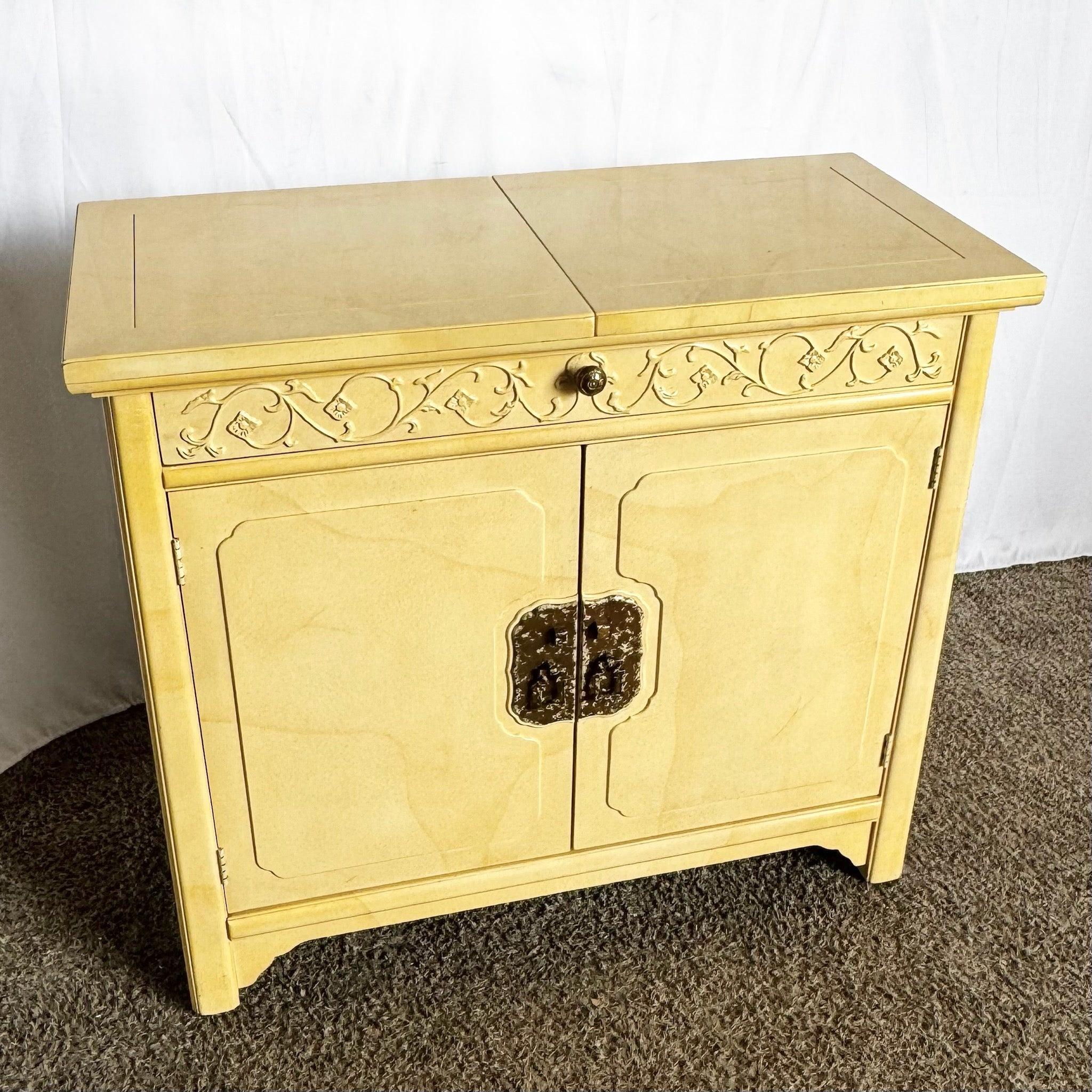 Elevate your decor with this Regency Faux Goatskin Bar Buffet—where Hollywood glamour meets timeless sophistication.
 
 Some wear to the finish as shown in the photos. 
 
 We sell items as acquired, without restoring or repairing. Vintage pieces may