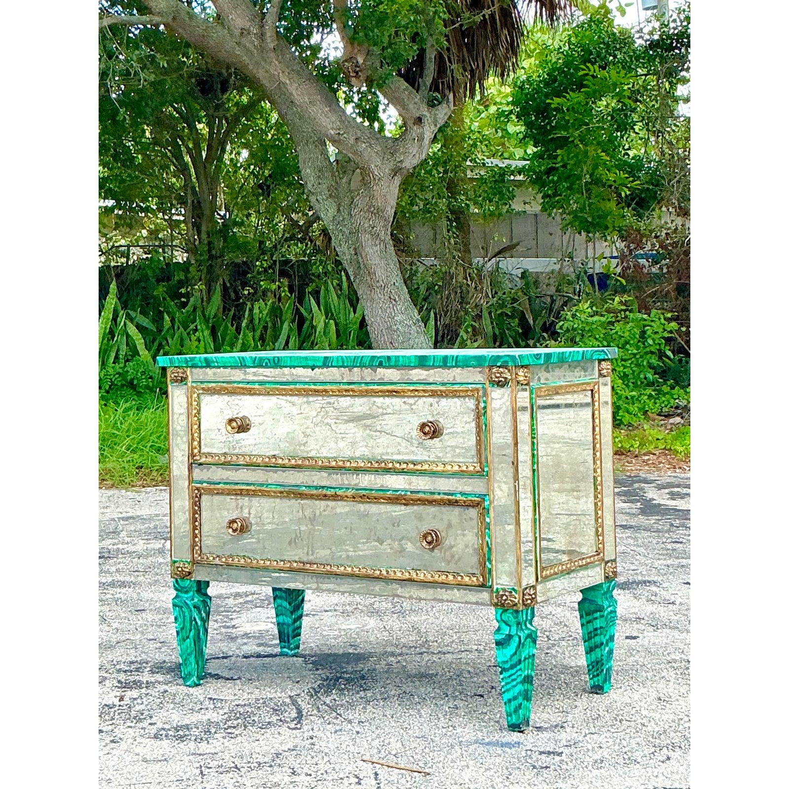 Vintage Regency Faux Painted Malachite Mirrored Chest of Drawers For Sale 5