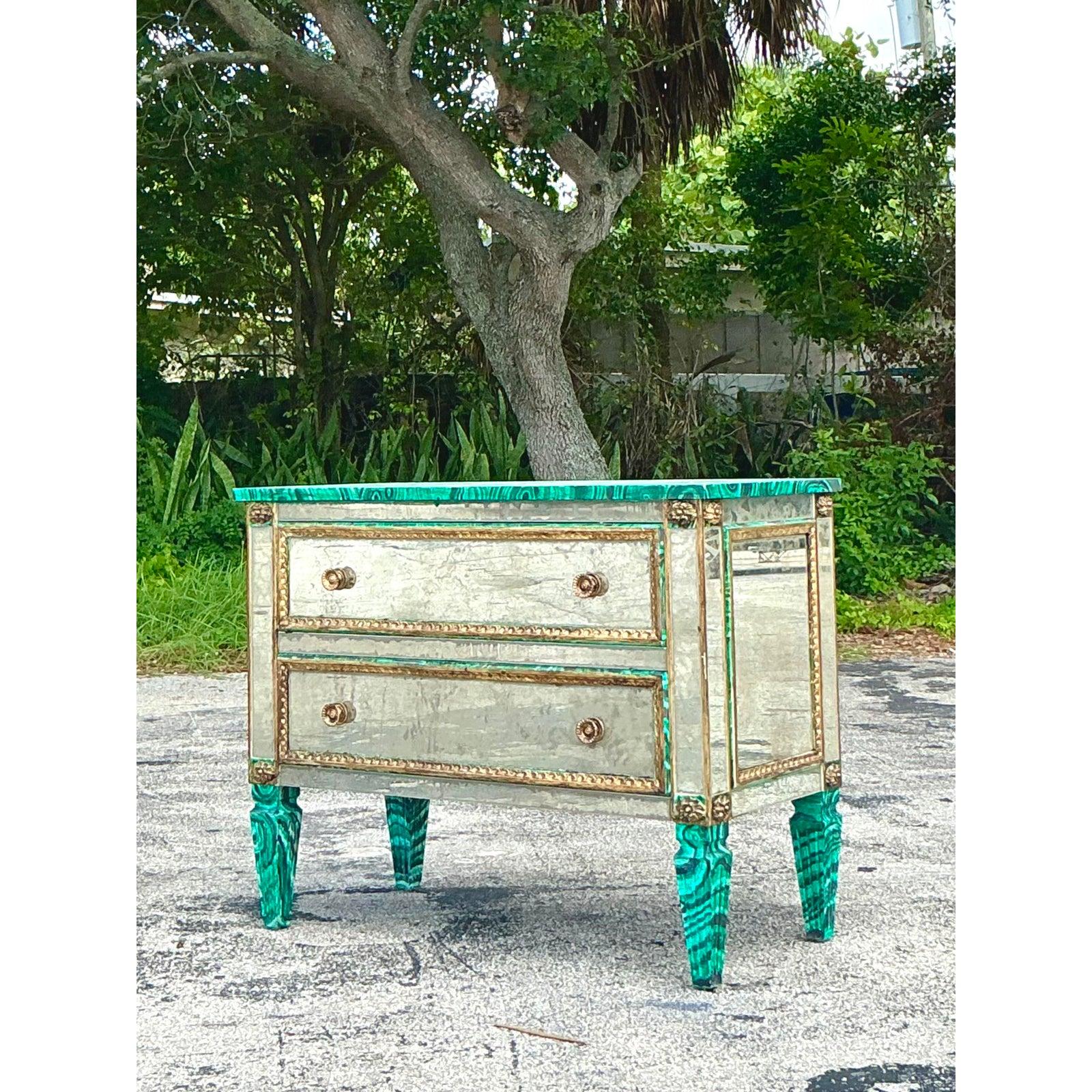 Art Deco Vintage Regency Faux Painted Malachite Mirrored Chest of Drawers For Sale