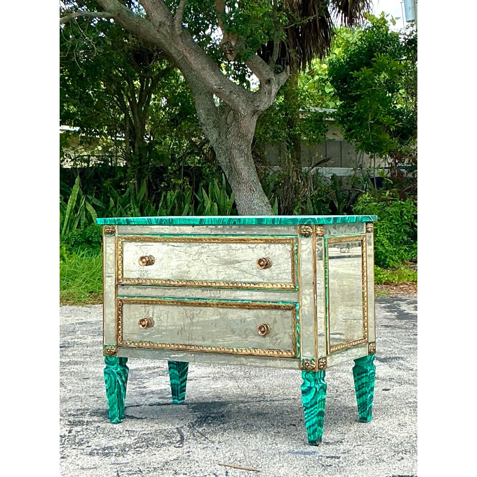 American Vintage Regency Faux Painted Malachite Mirrored Chest of Drawers For Sale