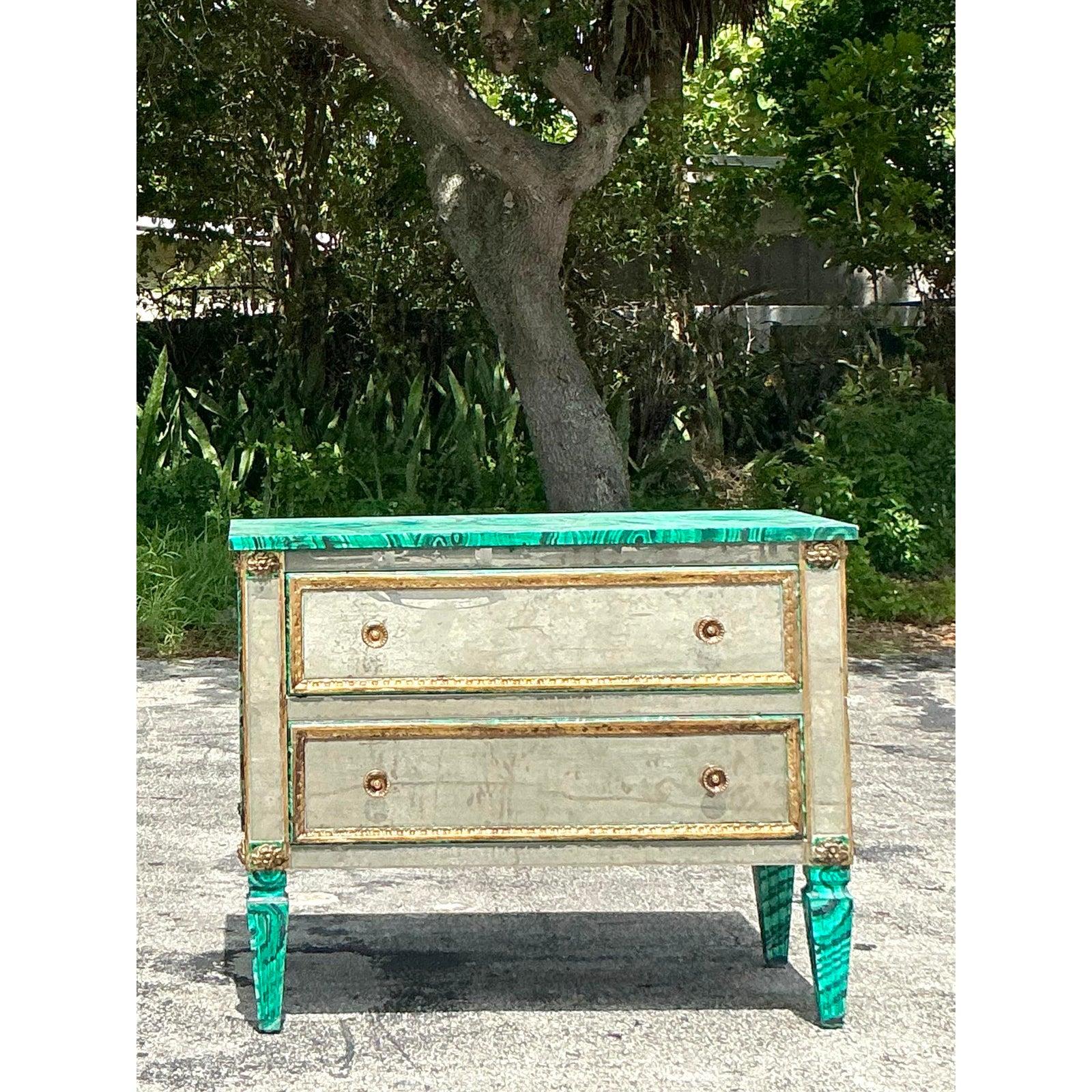 20th Century Vintage Regency Faux Painted Malachite Mirrored Chest of Drawers For Sale