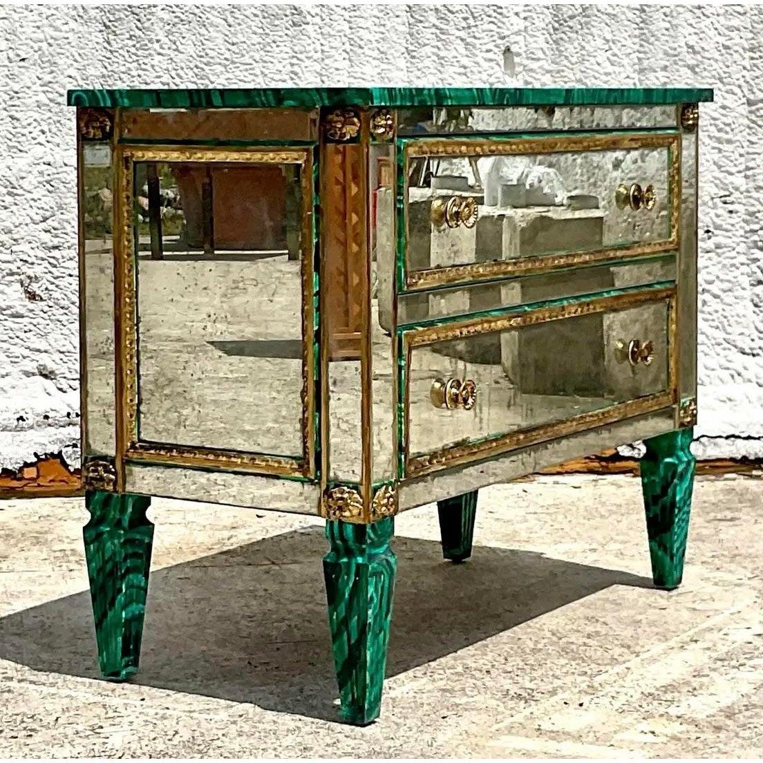Vintage Regency Faux Painted Malachite Mirrored Chest of Drawers For Sale 1