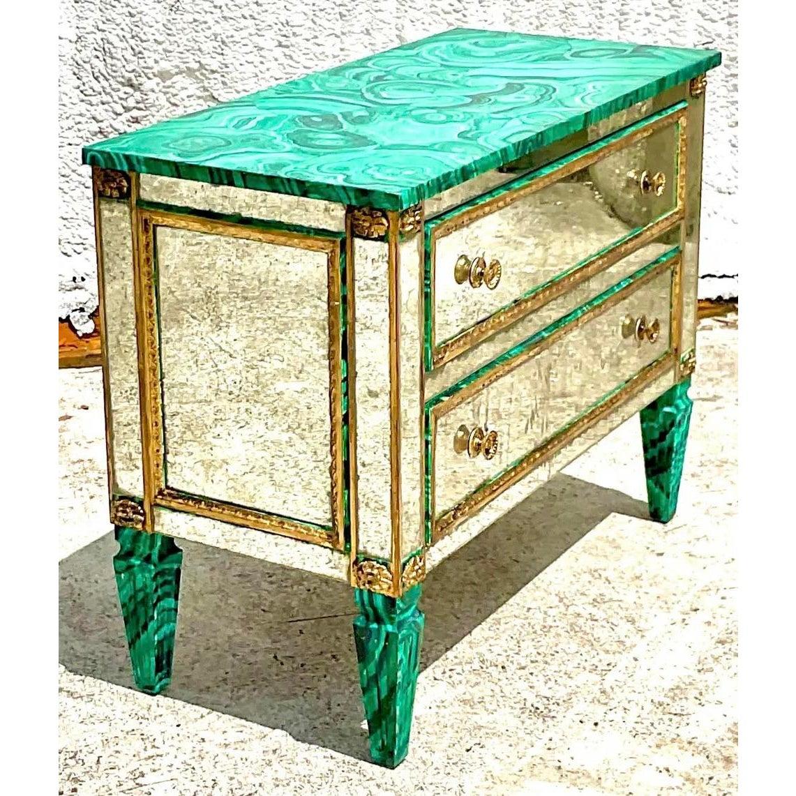 Vintage Regency Faux Painted Malachite Mirrored Chest of Drawers For Sale 3