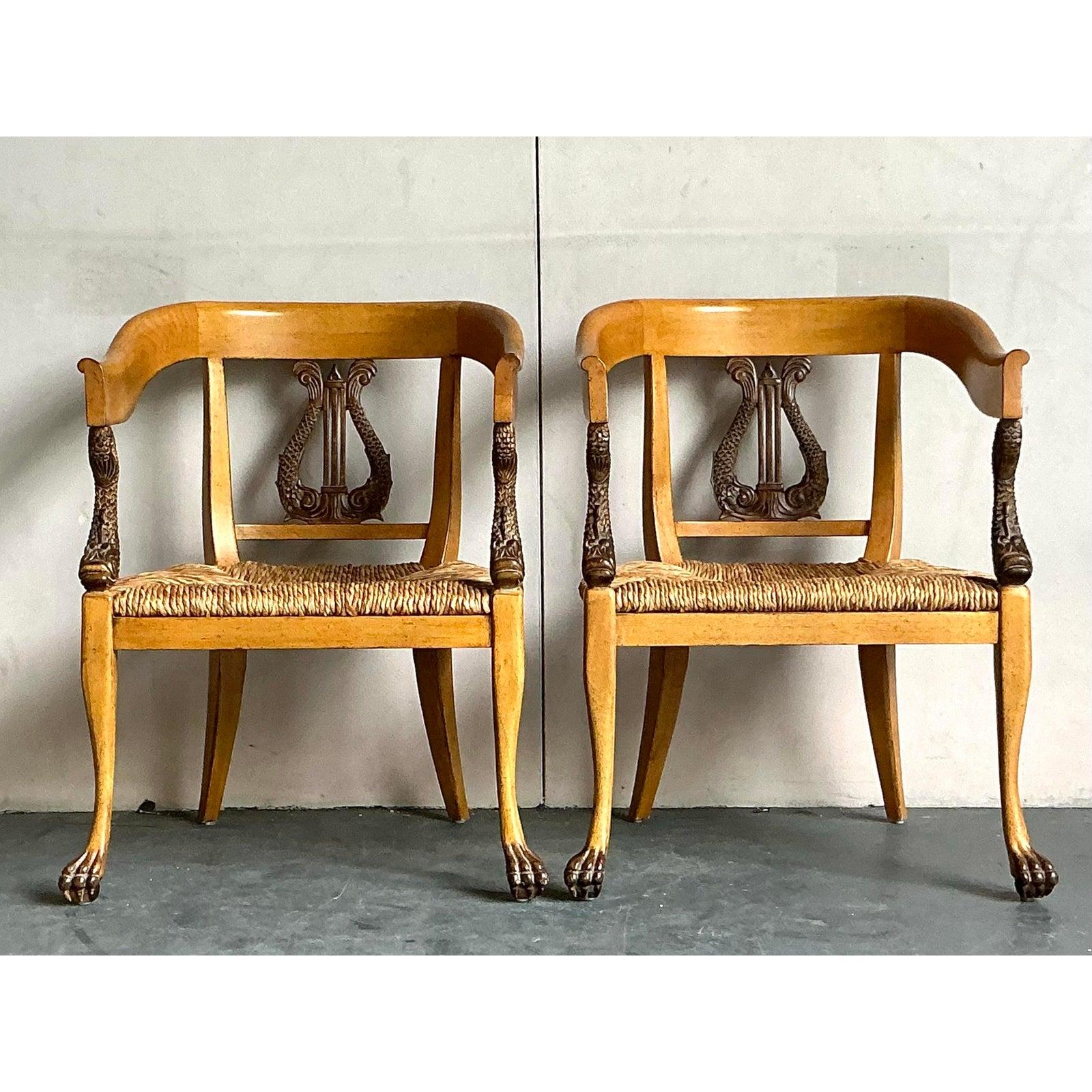 French Provincial Vintage Regency Ferguson Copeland Carved Koi Armchairs - A Pair For Sale