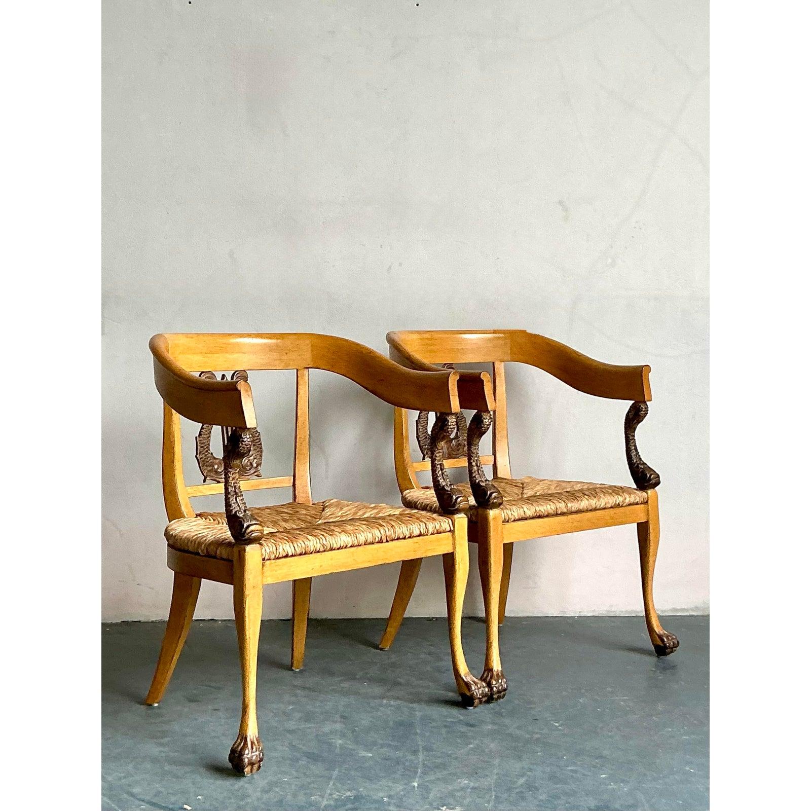 American Vintage Regency Ferguson Copeland Carved Koi Armchairs - A Pair For Sale