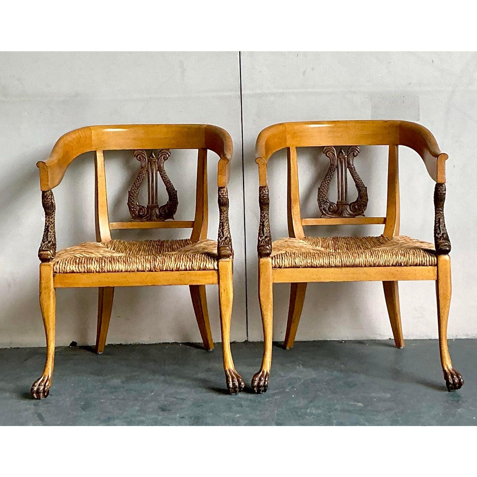 Vintage Regency Ferguson Copeland Carved Koi Armchairs - A Pair In Good Condition For Sale In West Palm Beach, FL