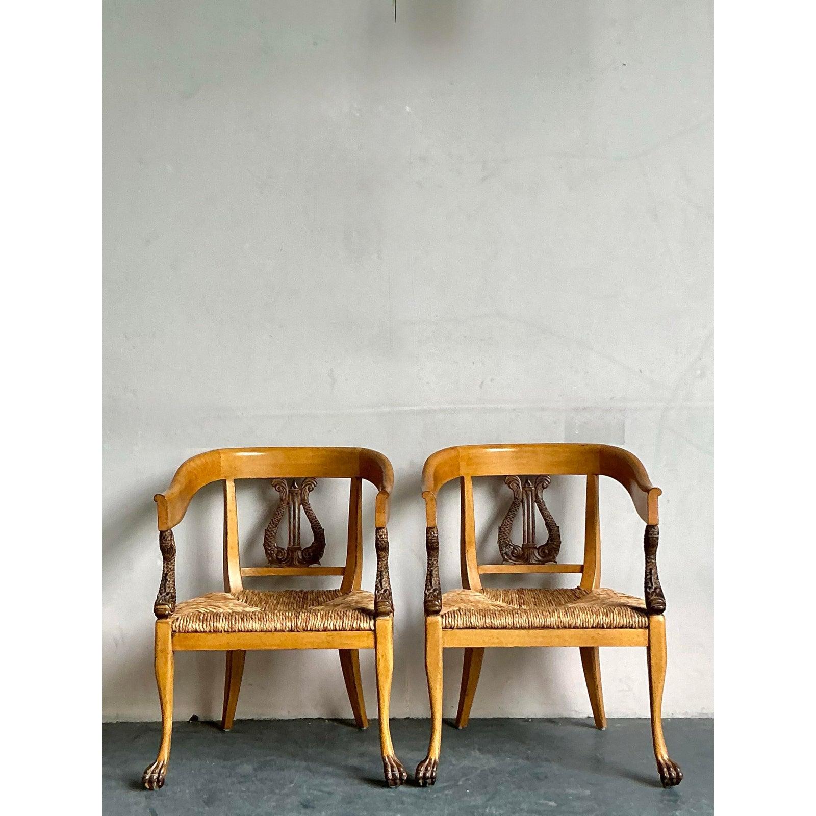 Rush Vintage Regency Ferguson Copeland Carved Koi Armchairs - A Pair For Sale