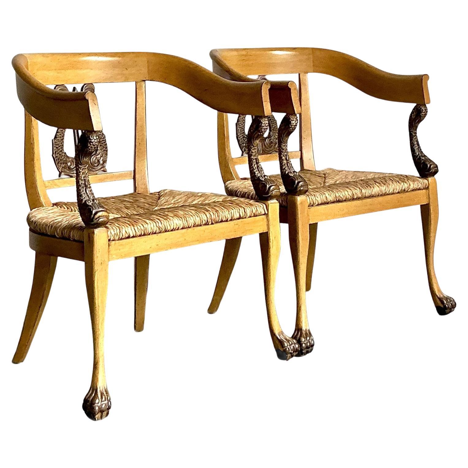 Vintage Regency Ferguson Copeland Carved Koi Armchairs - A Pair For Sale