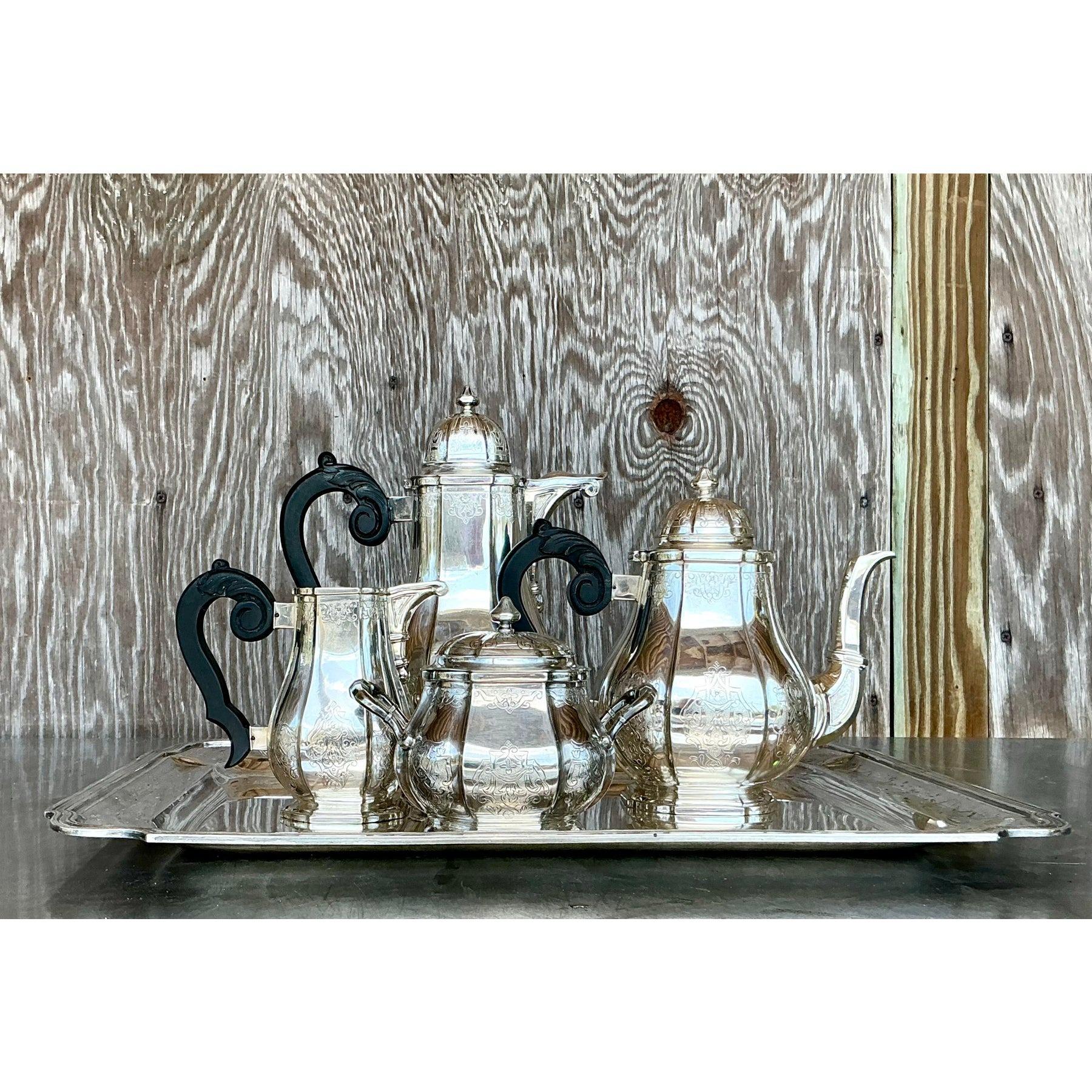 Service à thé Vintage Regency Filagree 800 Sterling - 5 Pieces Bon état - En vente à West Palm Beach, FL