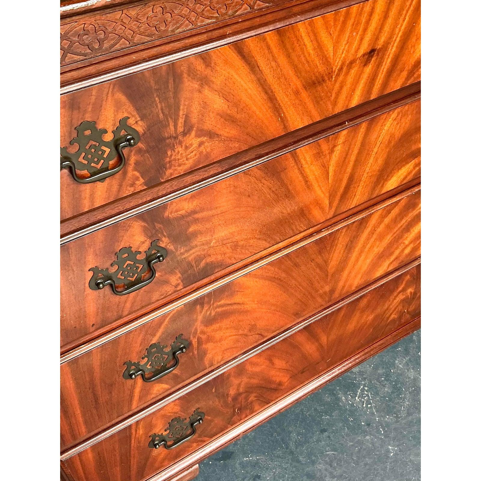 Brass Vintage Regency Flame Mahogany Chest of Drawers For Sale