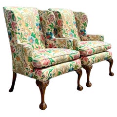 Vintage Regency Floral Wingback Chairs - a Pair