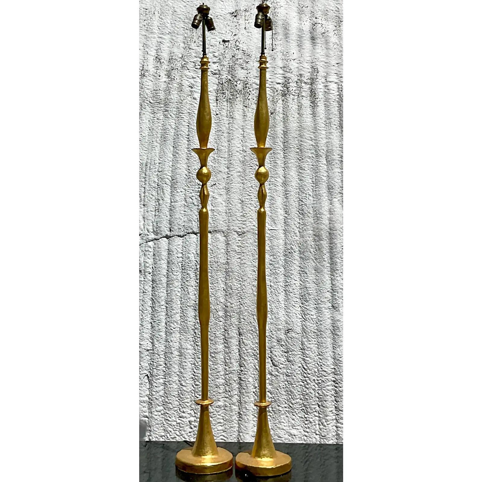 Vintage Regency Frances Elkins Sculpted Floor Lamps After Giacometti, a Pair In Good Condition In west palm beach, FL