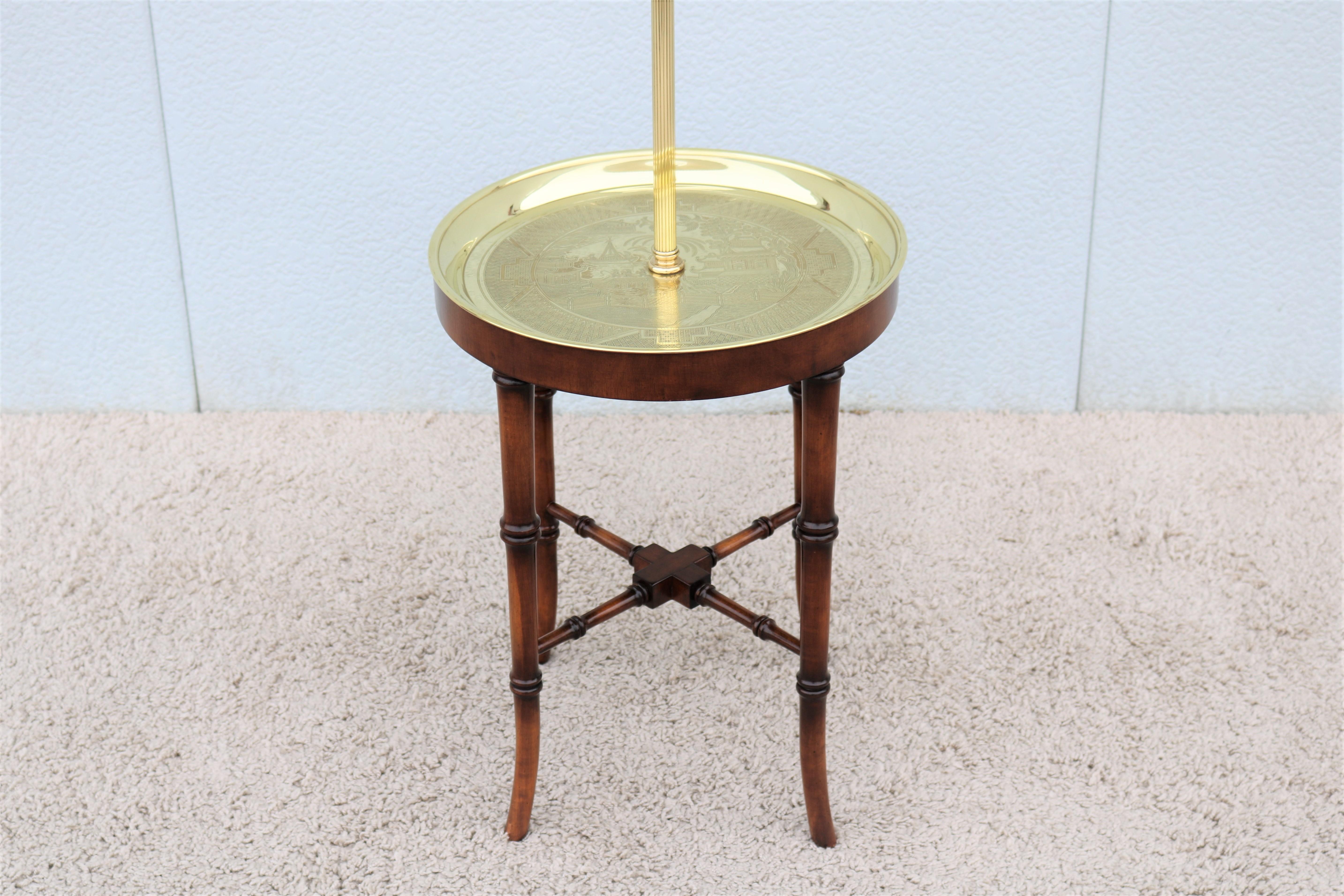 American Vintage Regency Frederick Cooper Faux Bamboo Brass Tray Side Table Floor Lamp