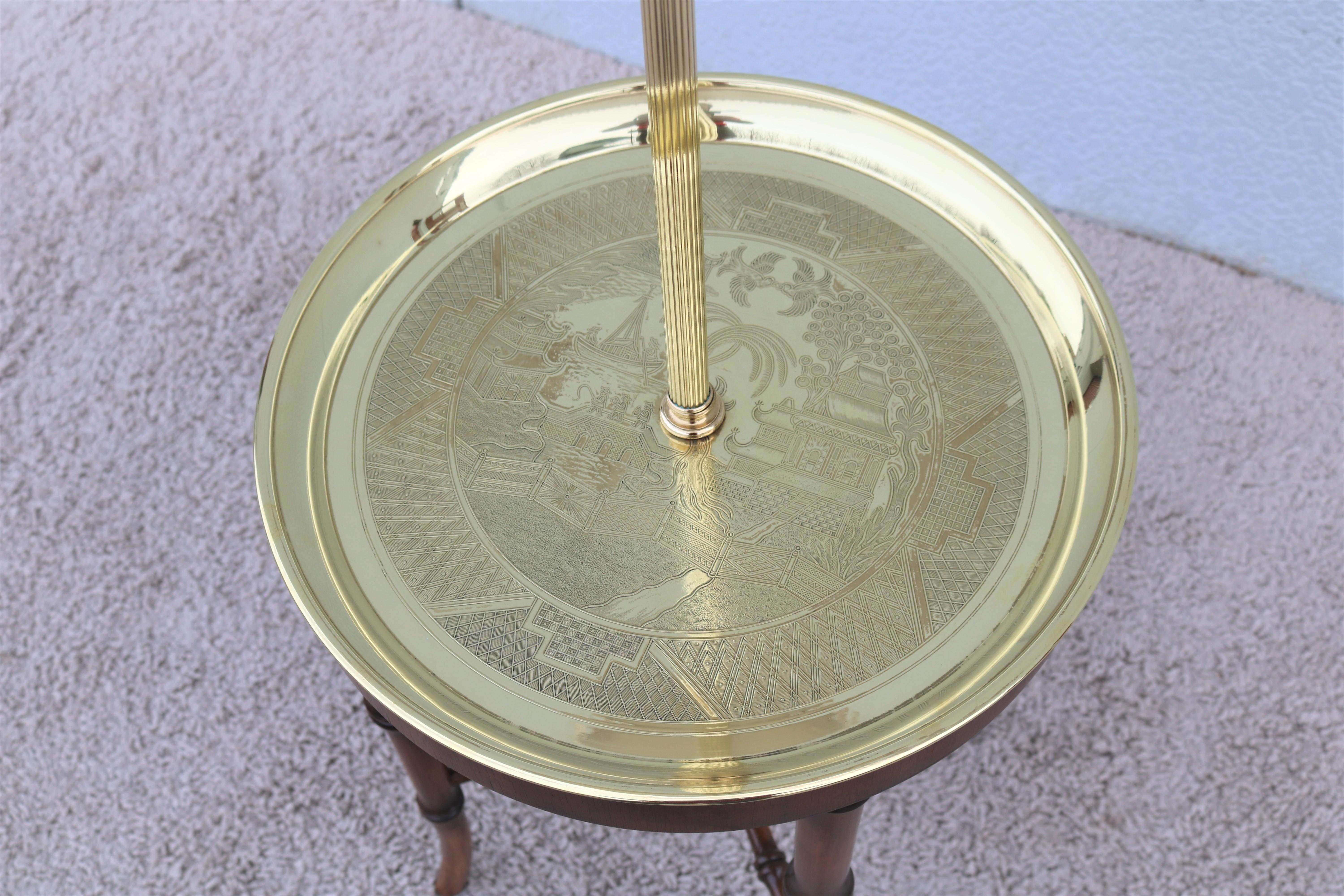 Vintage Regency Frederick Cooper Faux Bamboo Brass Tray Side Table Floor Lamp In Good Condition In Secaucus, NJ