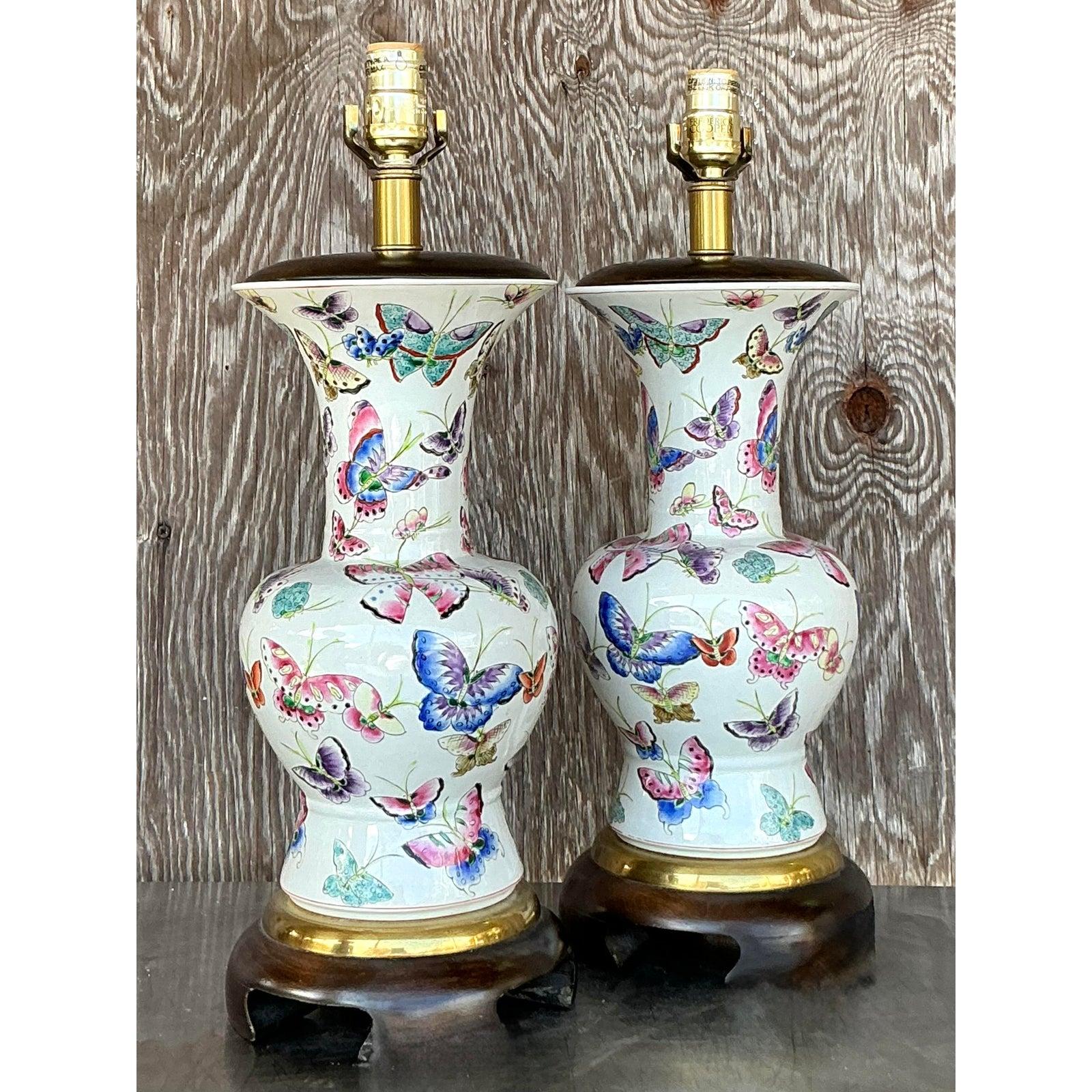Vintage Regency Frederick Cooper Glazed Ceramic Mariposa Lamps - a Pair In Good Condition For Sale In west palm beach, FL