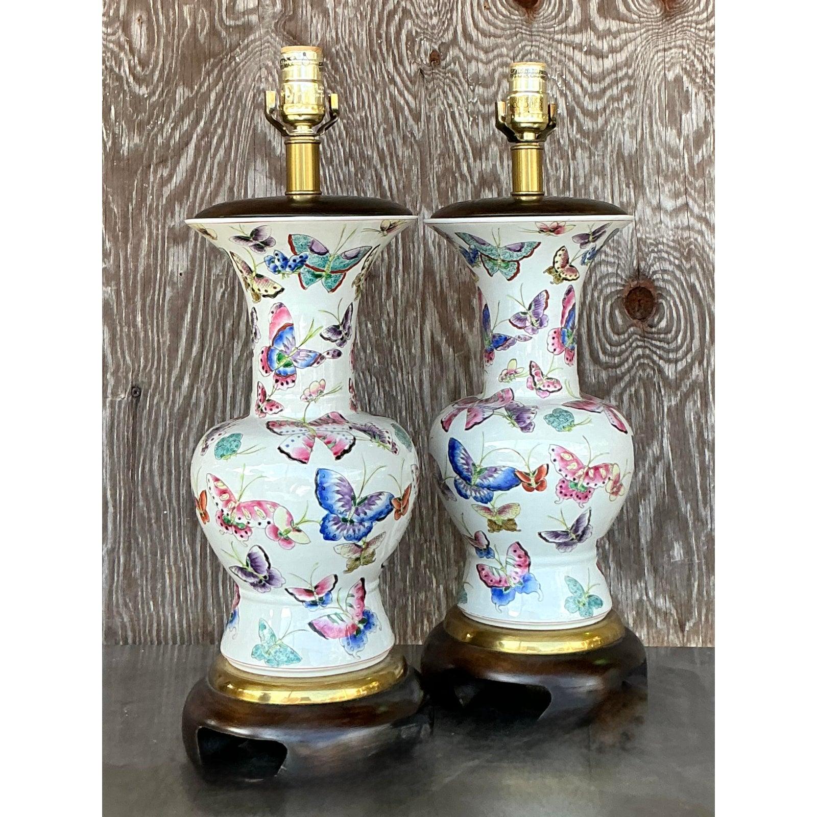 20th Century Vintage Regency Frederick Cooper Glazed Ceramic Mariposa Lamps - a Pair For Sale