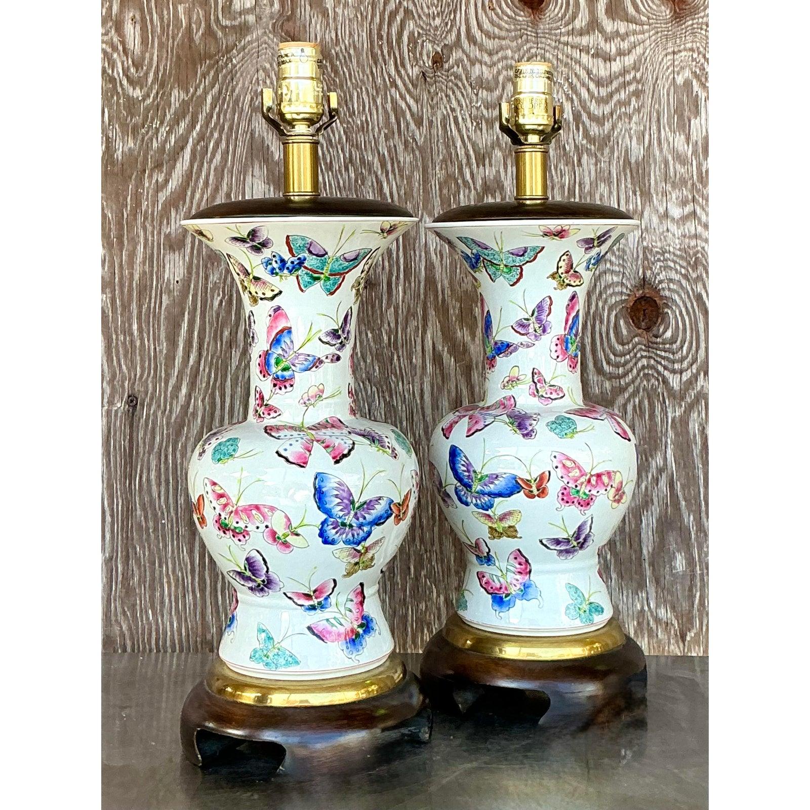 Brass Vintage Regency Frederick Cooper Glazed Ceramic Mariposa Lamps - a Pair For Sale