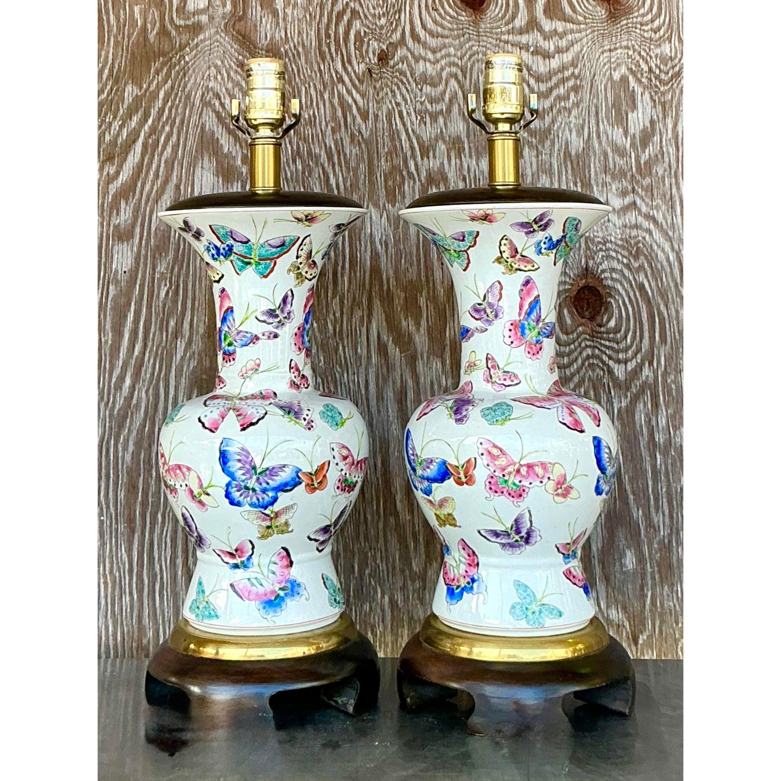Vintage Regency Frederick Cooper Glazed Ceramic Mariposa Lamps - a Pair For Sale 1