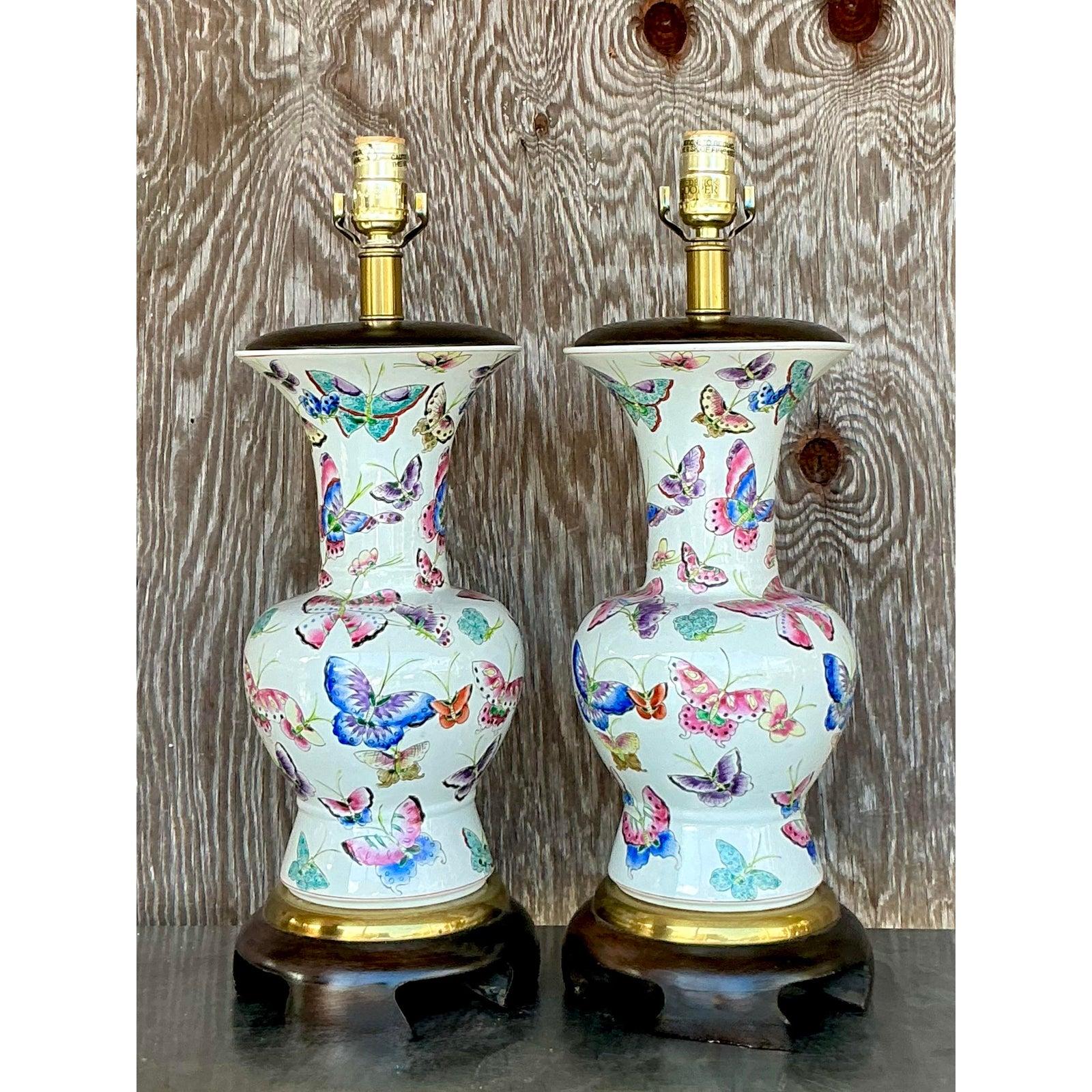 Vintage Regency Frederick Cooper Glazed Ceramic Mariposa Lamps - a Pair For Sale 2