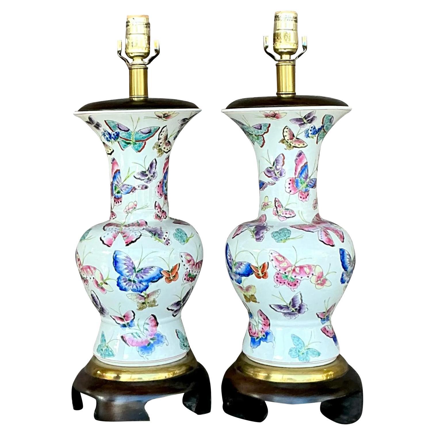 Vintage Regency Frederick Cooper Glazed Ceramic Mariposa Lamps - a Pair
