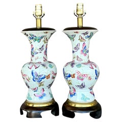 Vintage Regency Frederick Cooper Glazed Ceramic Mariposa Lamps - a Pair