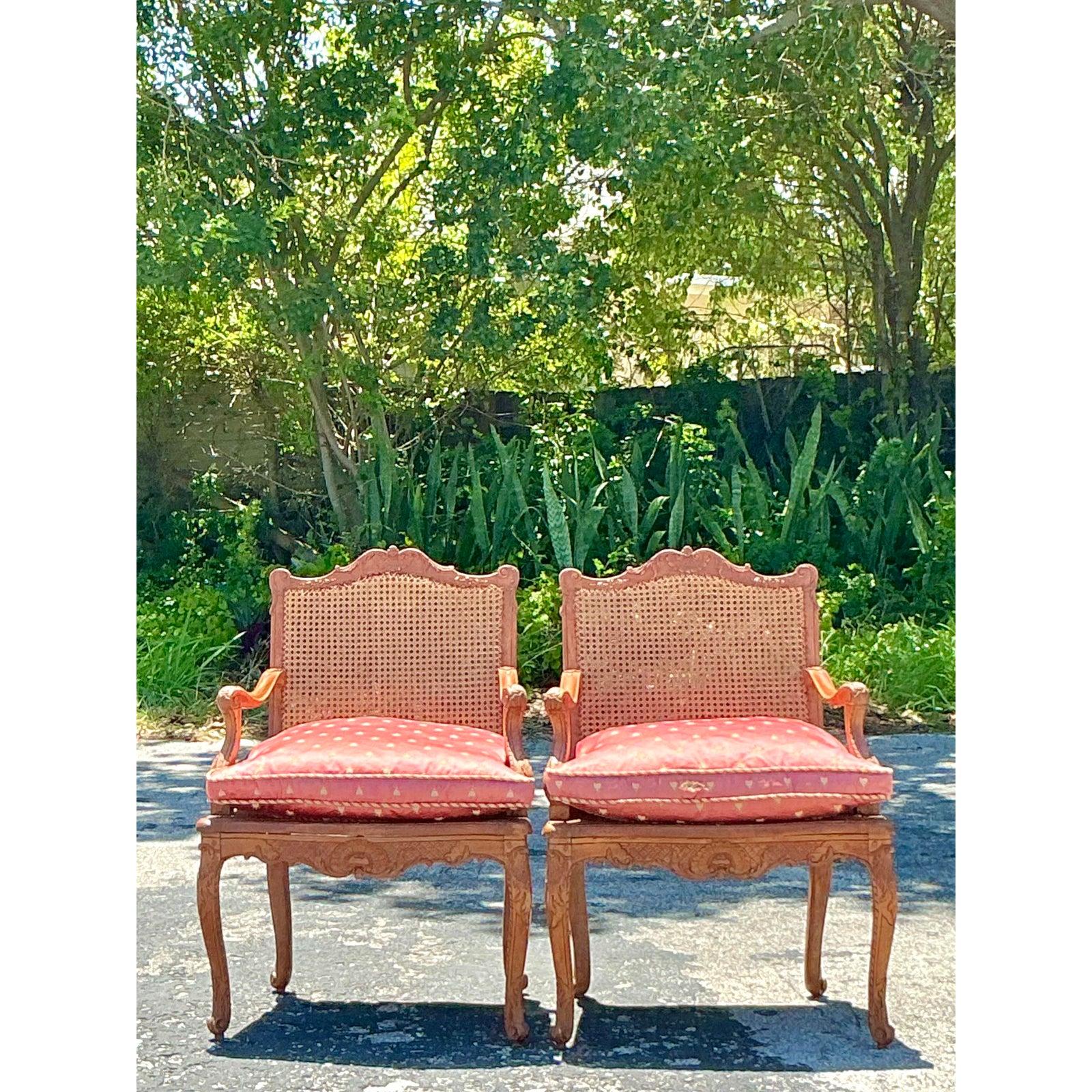 Néoclassique Vintage Regency French Cane Fauteuils - A Pair en vente