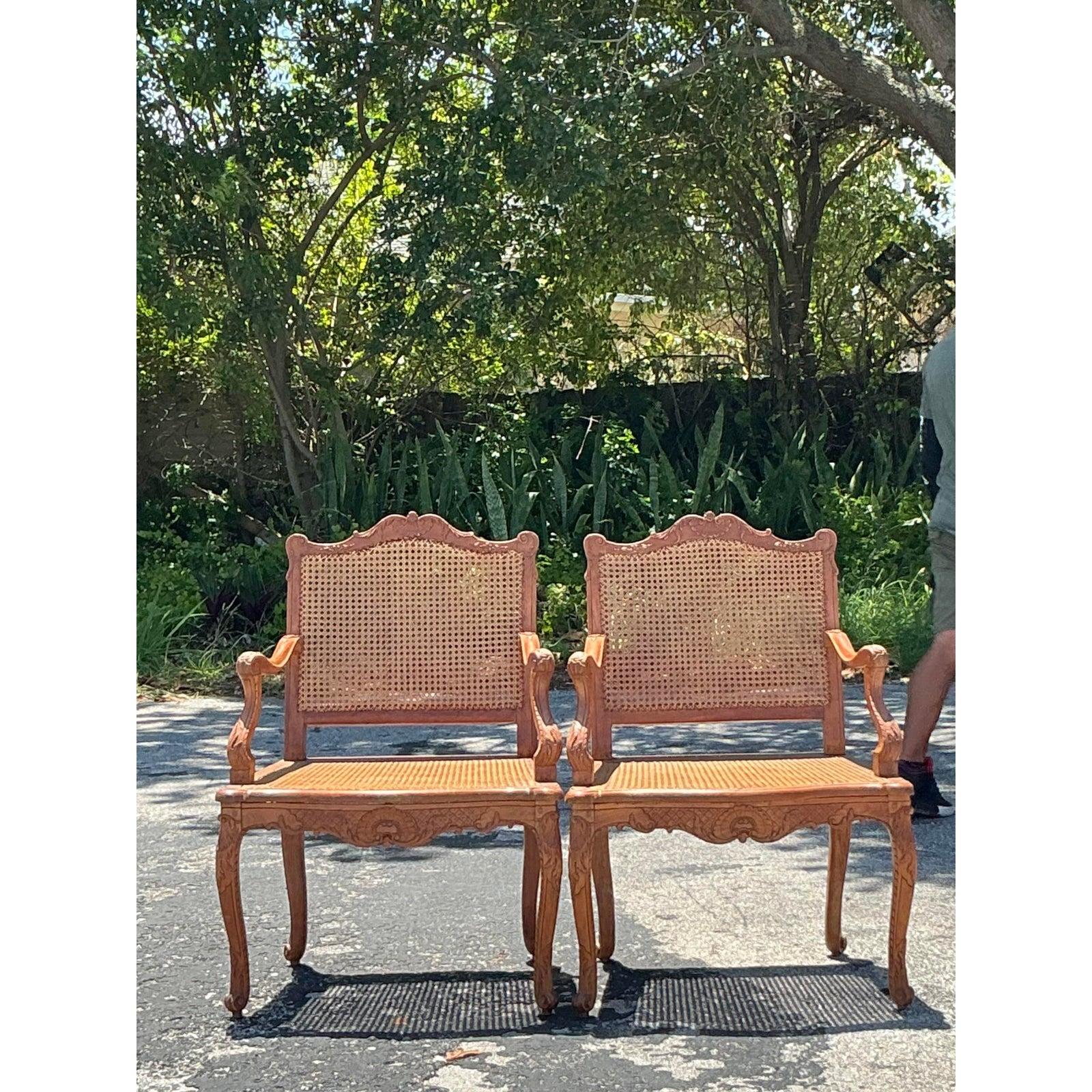 Français Vintage Regency French Cane Fauteuils - A Pair en vente
