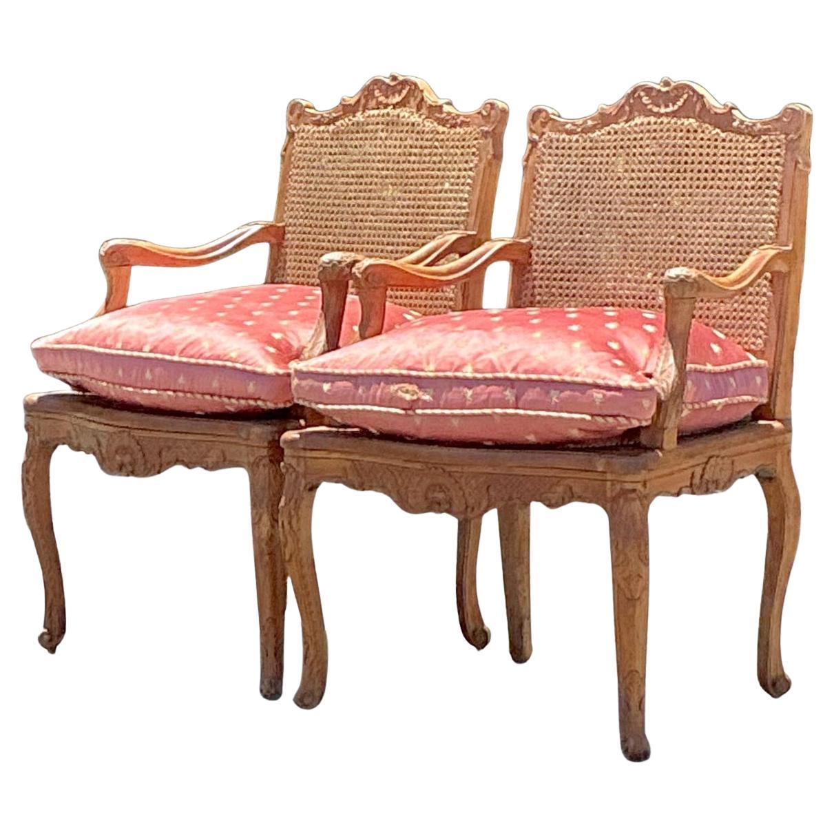 Vintage Regency French Cane Fauteuils - A Pair
