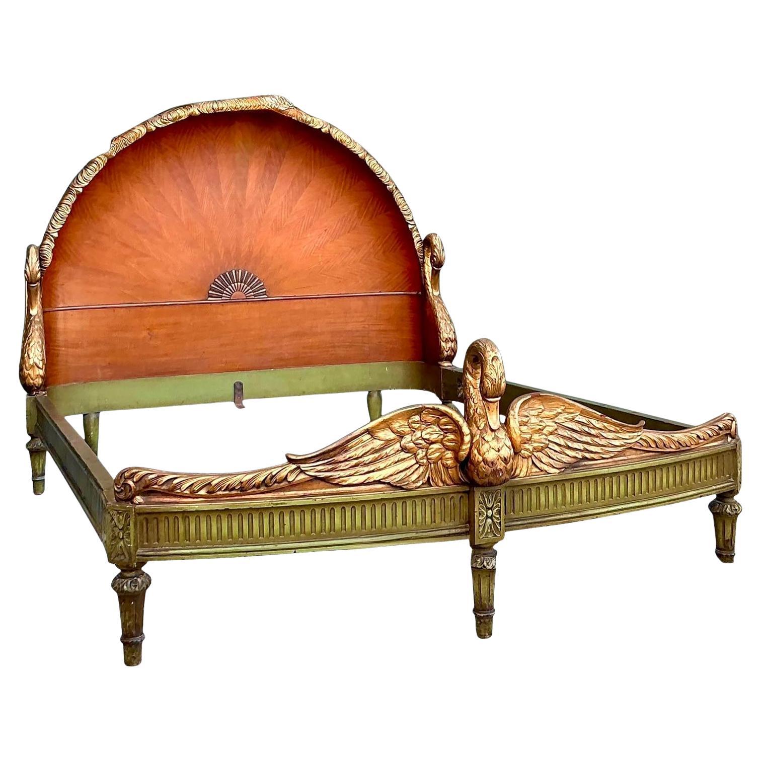 Vintage Regency French Deco Carved Swan Full Bed