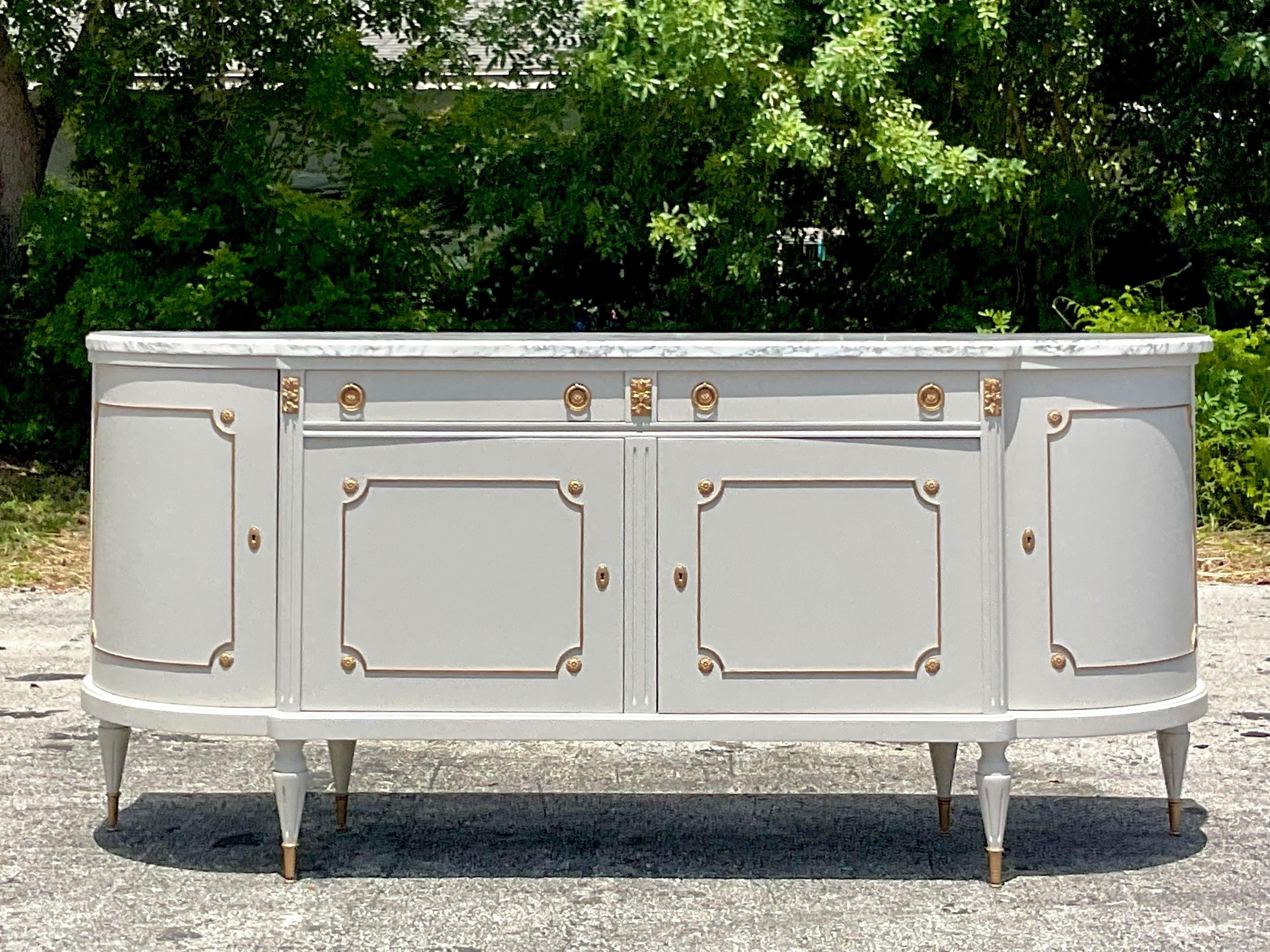 Vintage Regency French Gilt Tipped Marble Top Credenza For Sale at 1stDibs