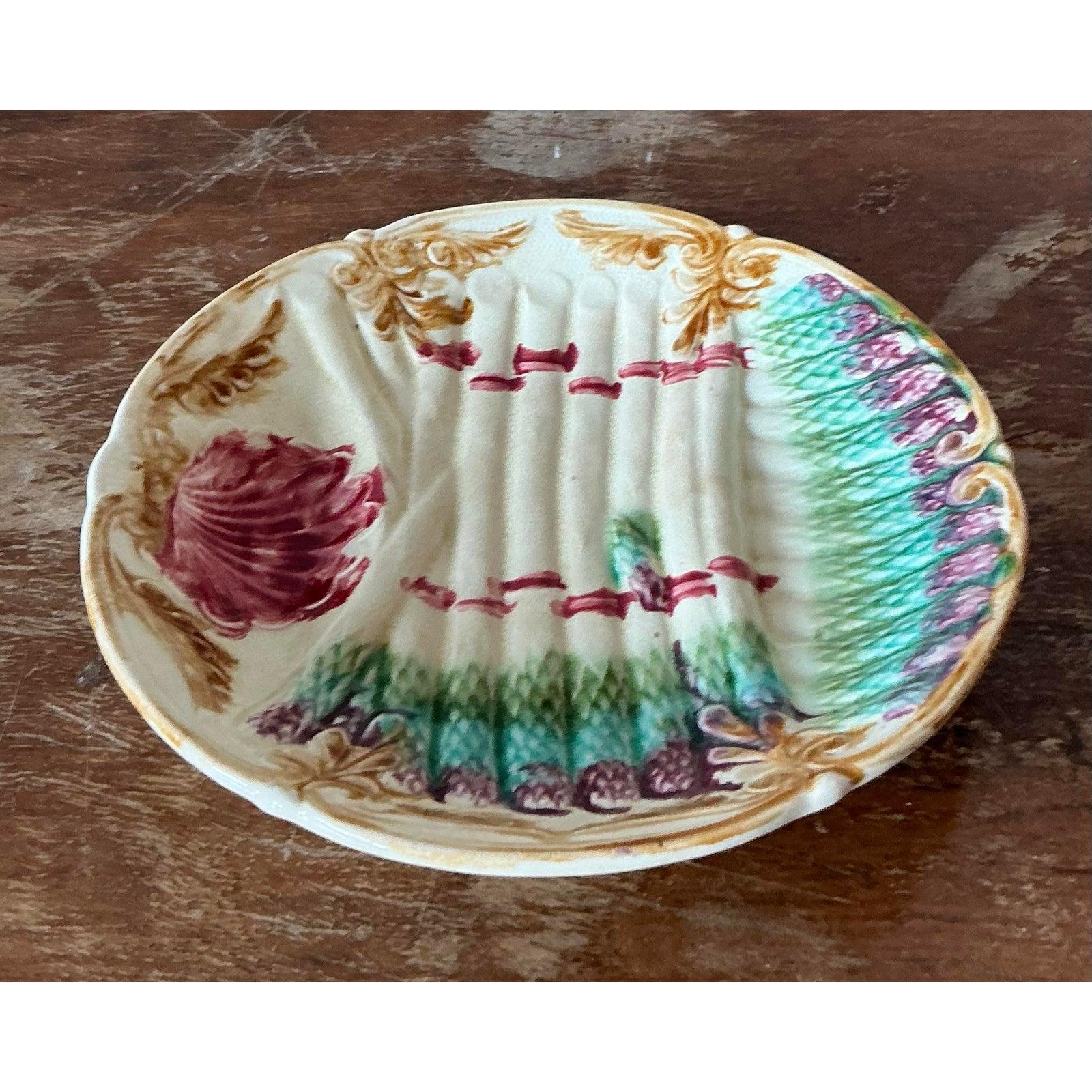 Vintage Regency Französisch Majolika Spargel Keramikteller im Angebot 1