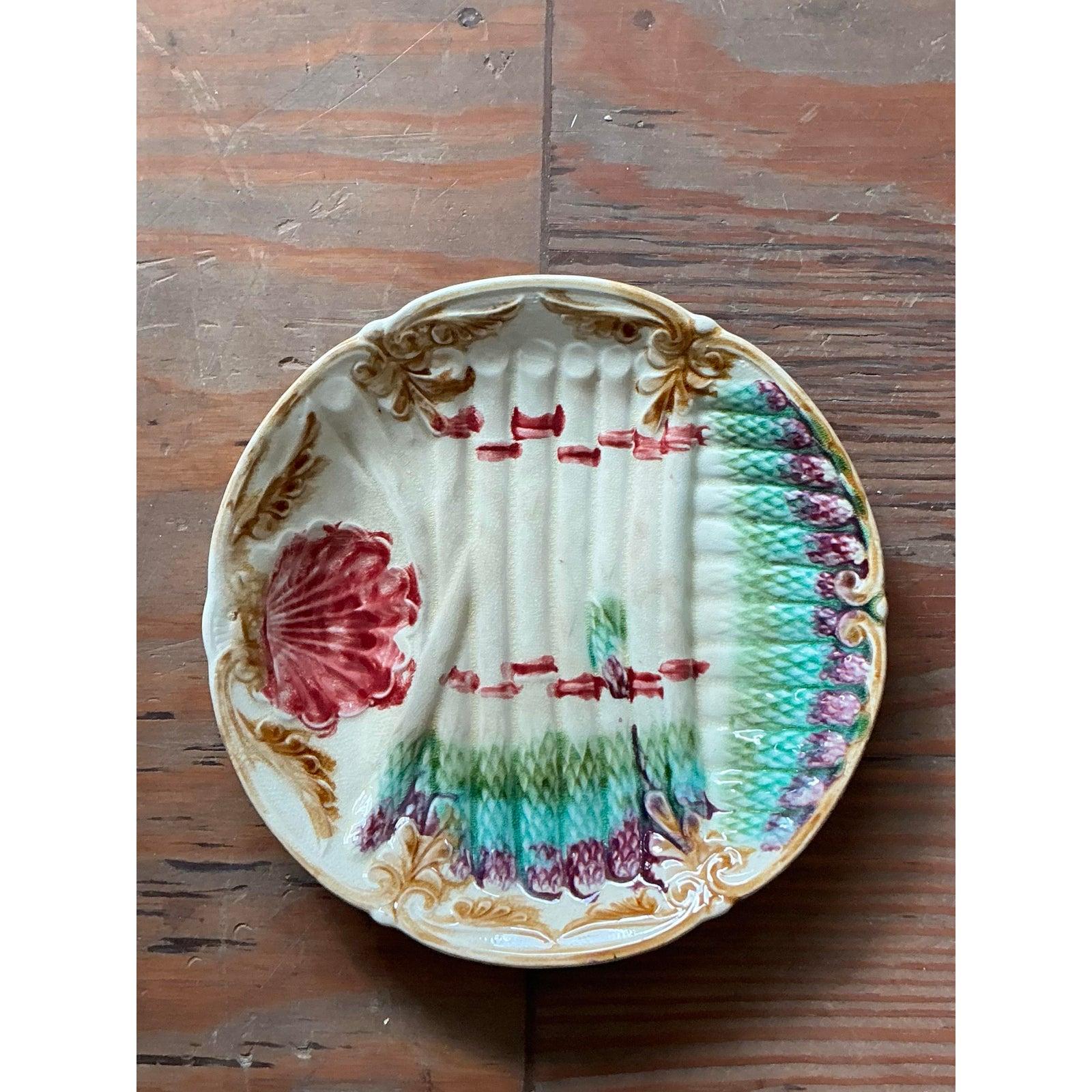 Vintage Regency Französisch Majolika Spargel Keramikteller im Angebot 2