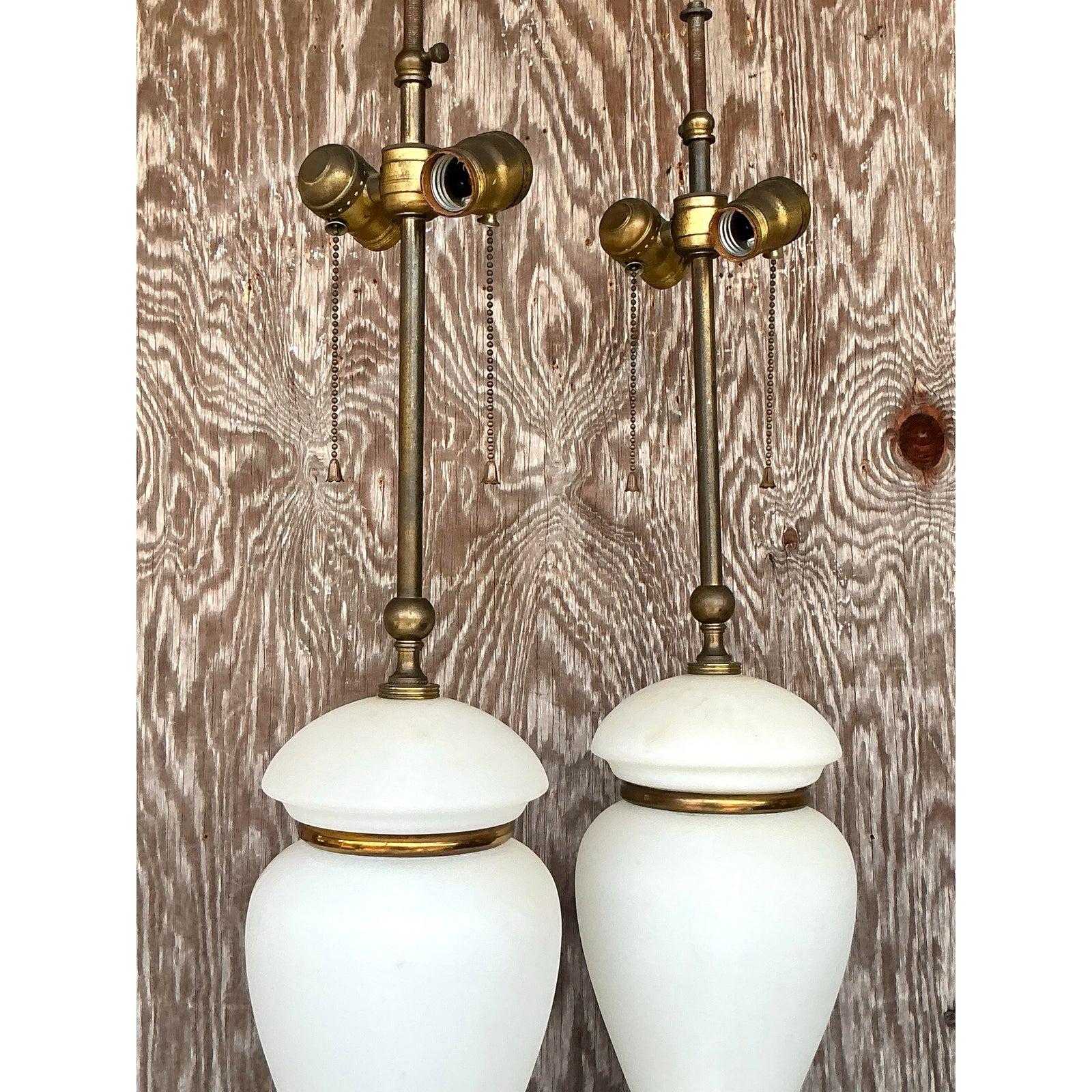 Brass Vintage Regency French Opaline Lamps - A Pair For Sale