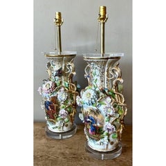 Vintage Regency French Porcelain Chinoiserie Lamps - A Pair