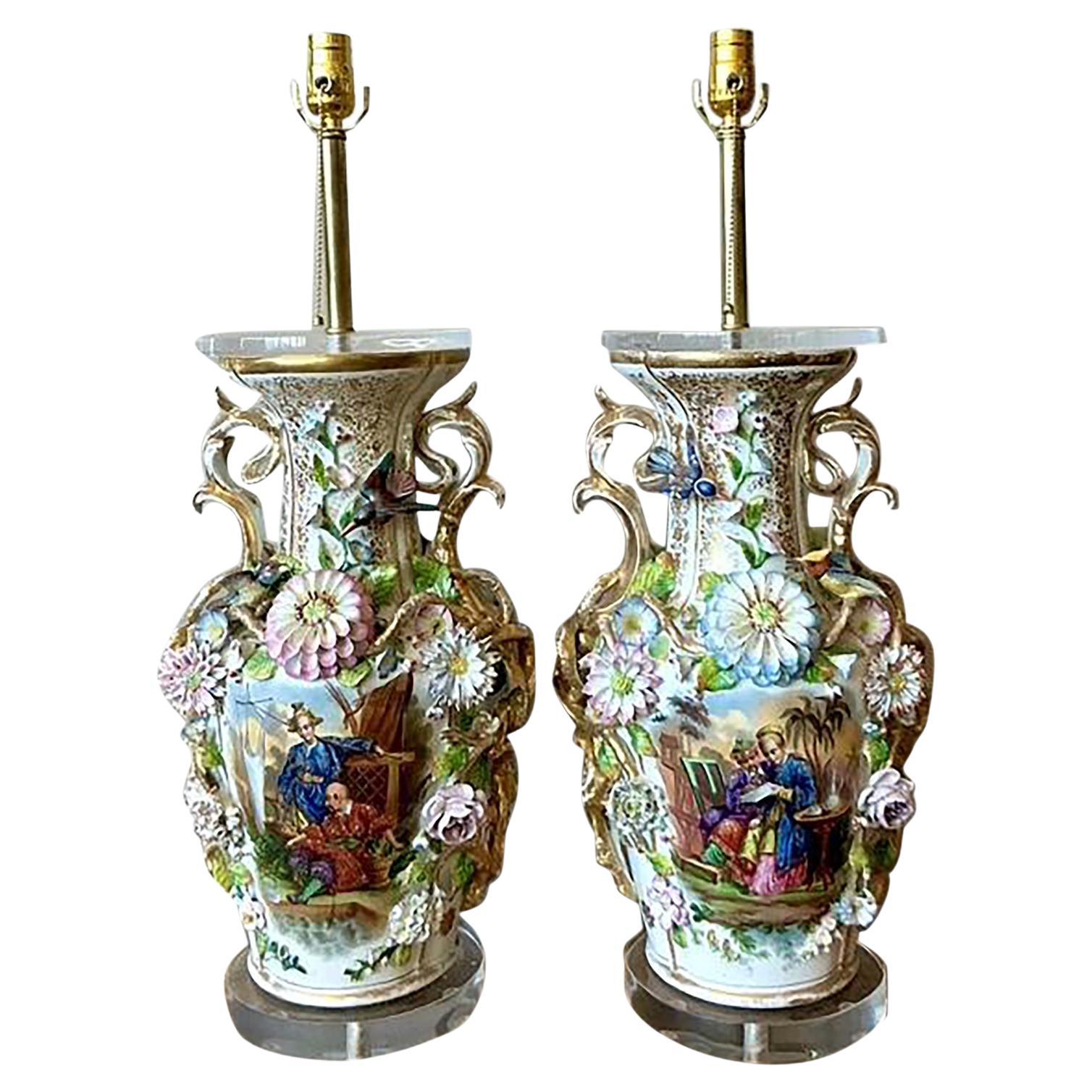 Vintage Regency French Porcelain Chinoiserie Lamps - A Pair