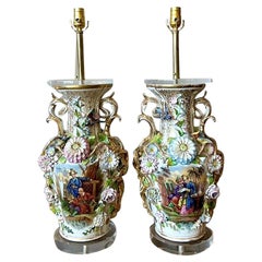 Vintage Regency French Porcelain Chinoiserie Lamps - A Pair