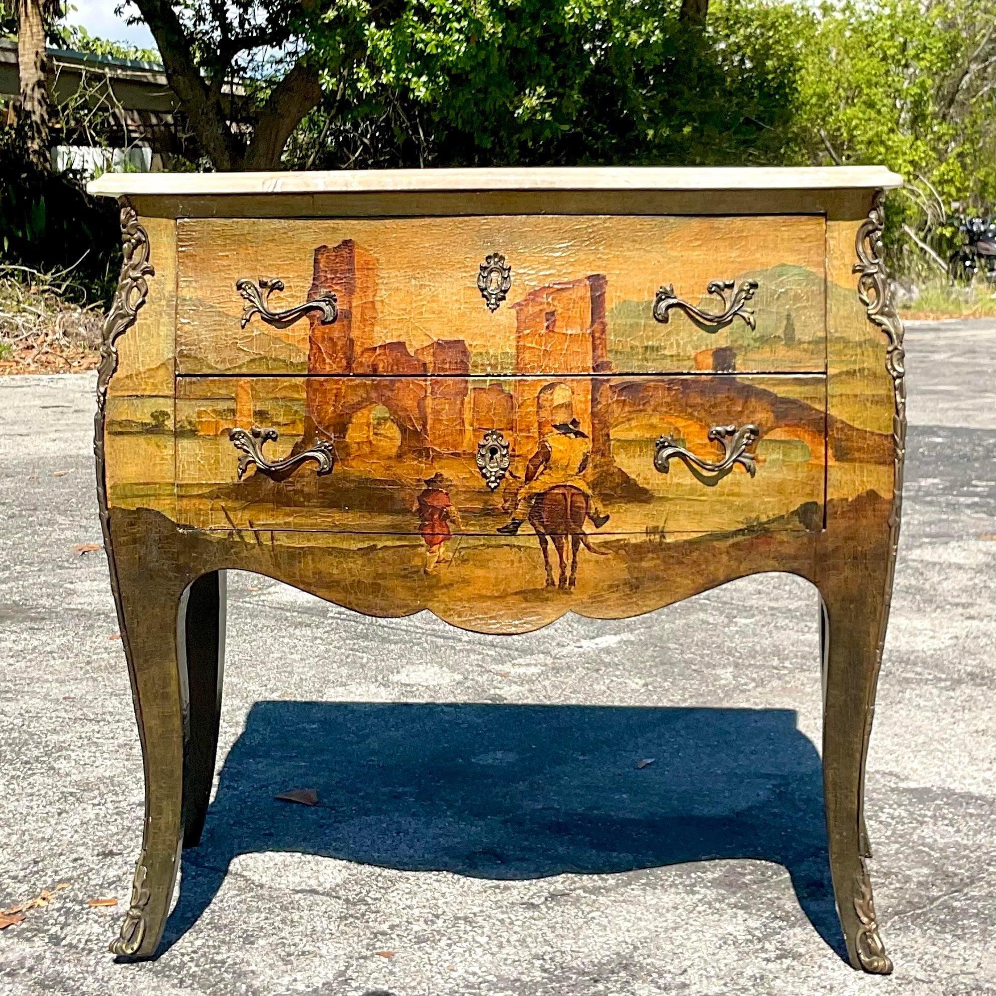An extraordinary vintage Regency bombe chest of drawers. A chic hand painted pastoral scene. Imported from the Societe Nouvelle Atlantic in France. Gorgeous beveled stone top. Acquired from a Palm Beach estate.