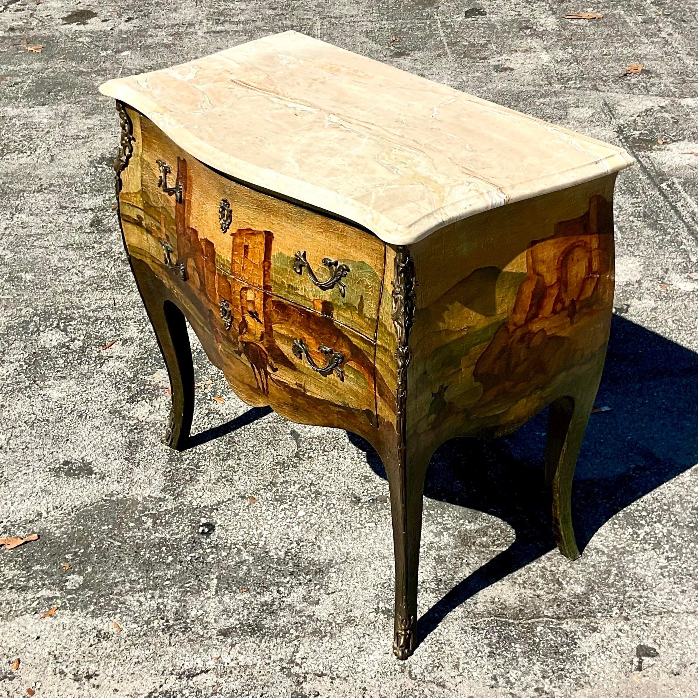 Vintage Regency French Societe Nouvelle Atlantic Hand Painted Bombe Chest In Good Condition For Sale In west palm beach, FL