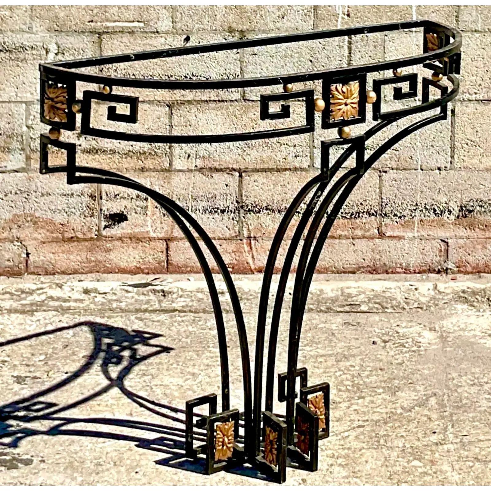 Vintage Regency French Wrought Iron Greek Key Demilune Table In Good Condition For Sale In west palm beach, FL