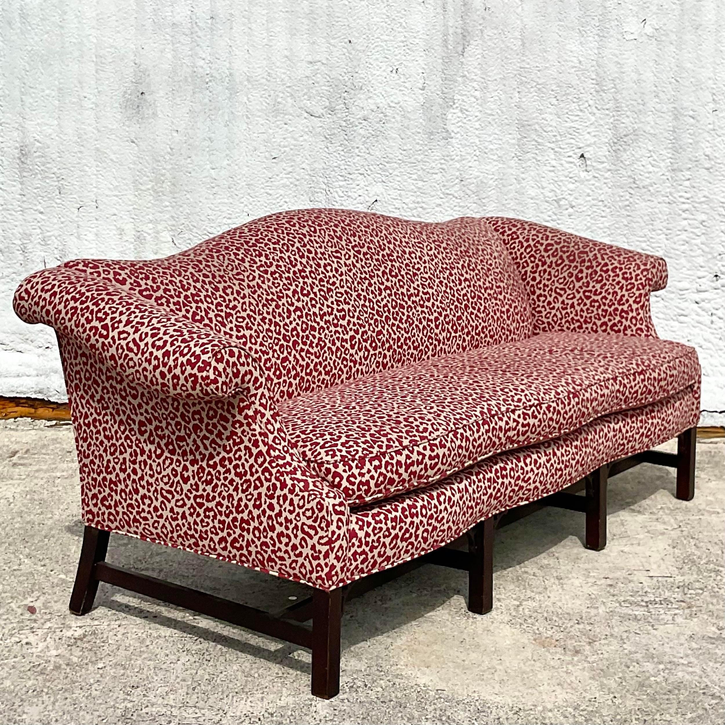 Fabric Vintage Regency Fretwork Camelback Sofa