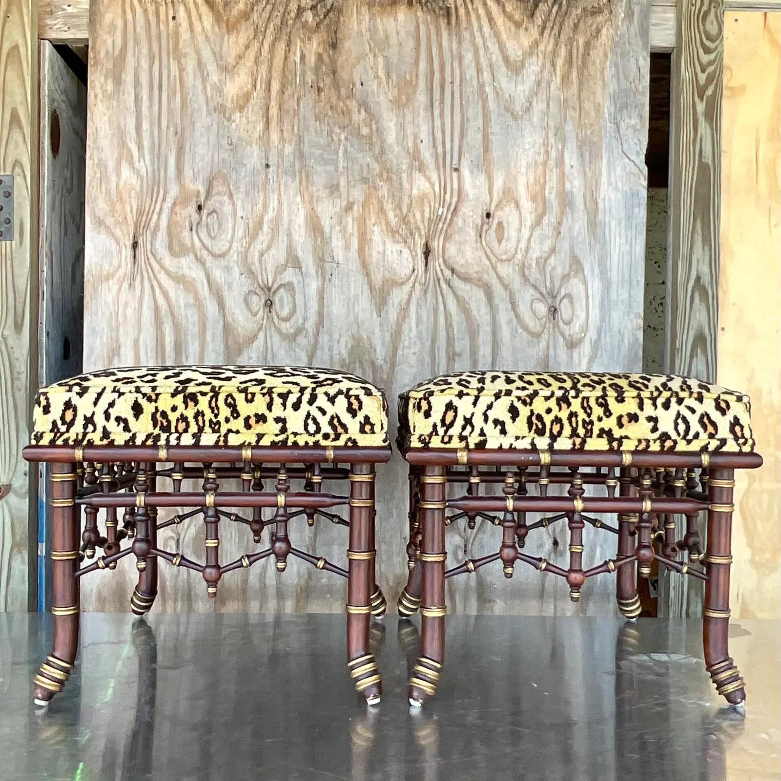 Stunning pair of vintage Fretwork stools. Beautiful bamboo design with gilt touches. Chic velvet leopard upholstery. Acquired from a Palm Beach estate.